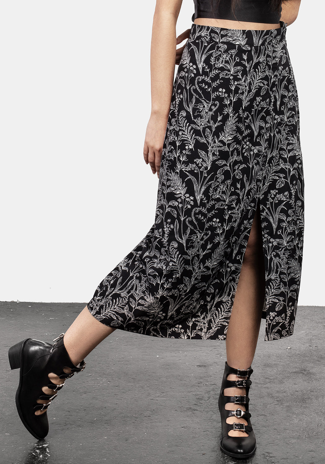 Black Floral Print Mock Wrap Midi Skirt with Side Split | Siofra