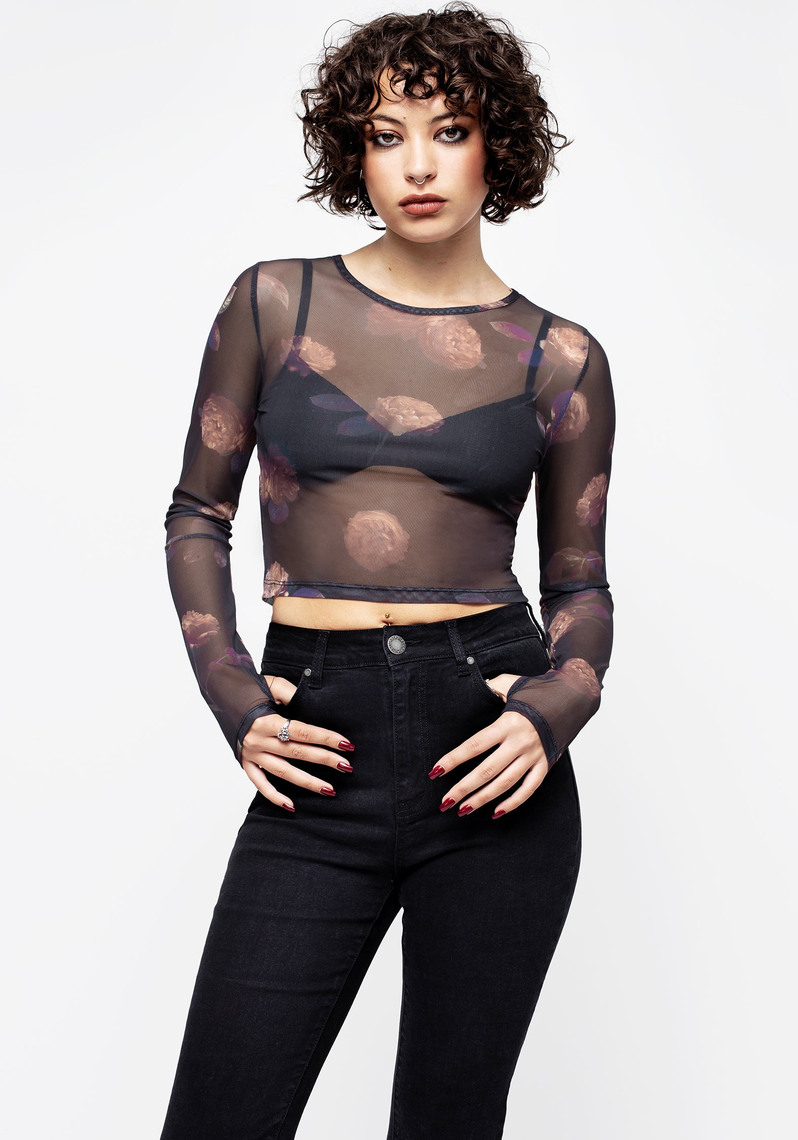 Black Floral Mesh Long-Sleeve Top | Slim Fit Stretch Fabric | Monica