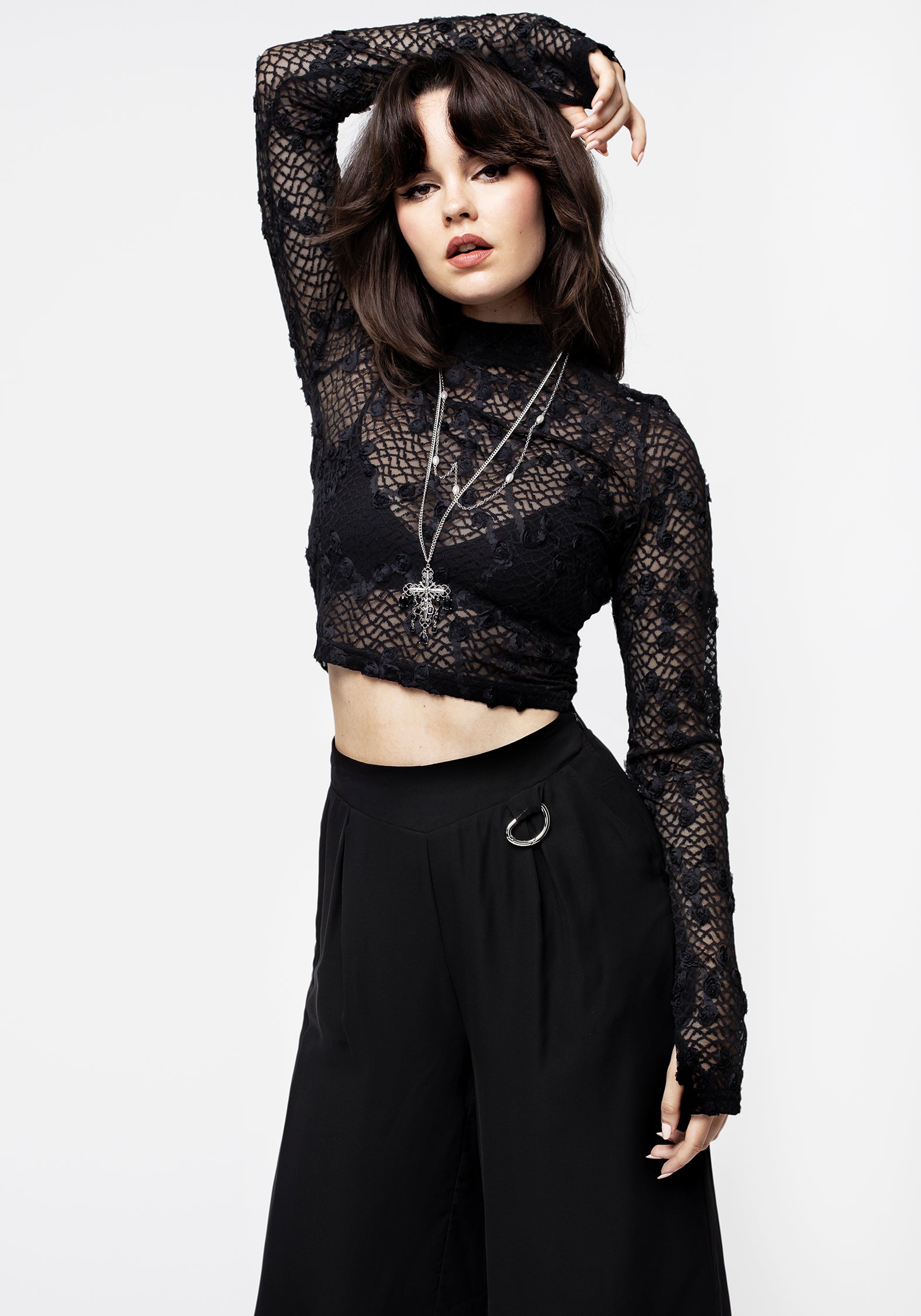 Black Floral Lace Crop Top with Long Sleeves & Keyhole Detail | Baroque