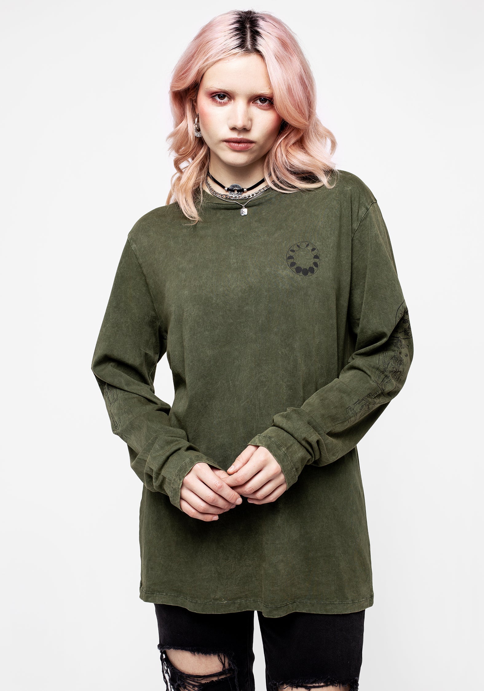 Green Acid Washed Graphic Print Long Sleeve T-Shirt | Mundi