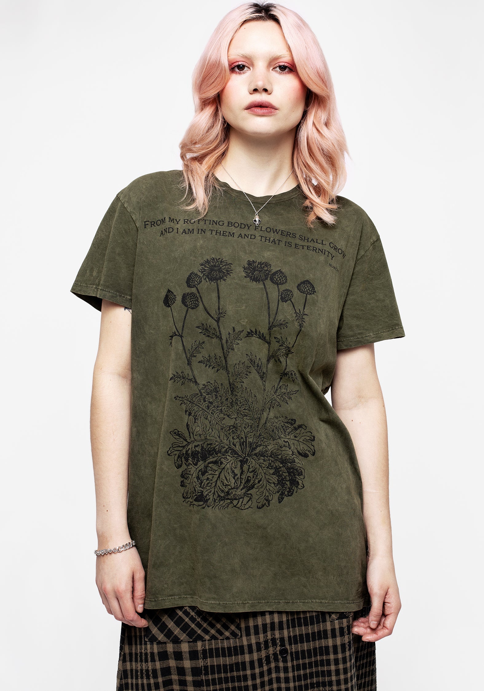 Acid Washed Green Graphic T-Shirt with Botanical Print | Eternity