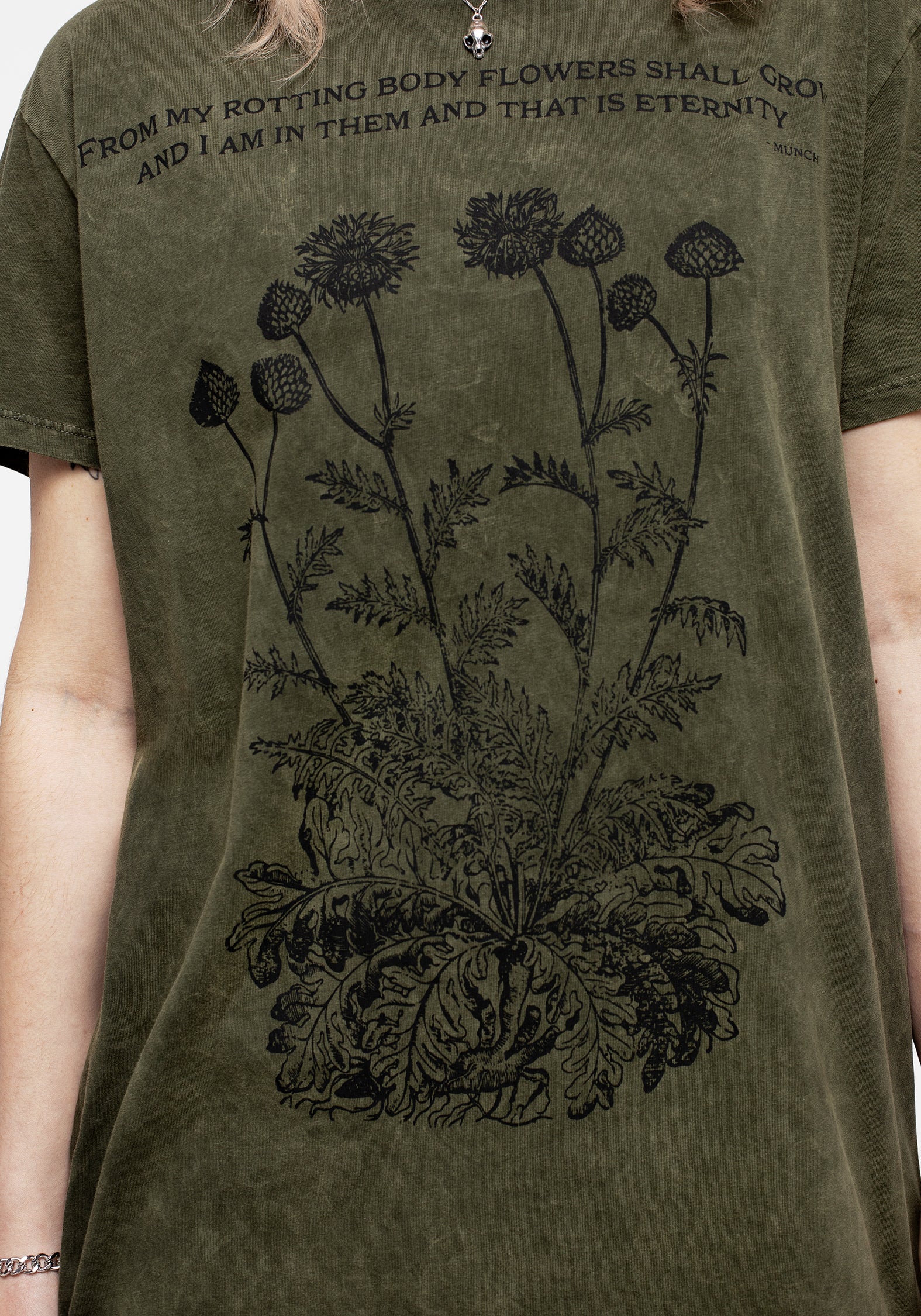 Acid Washed Green Graphic T-Shirt with Botanical Print | Eternity