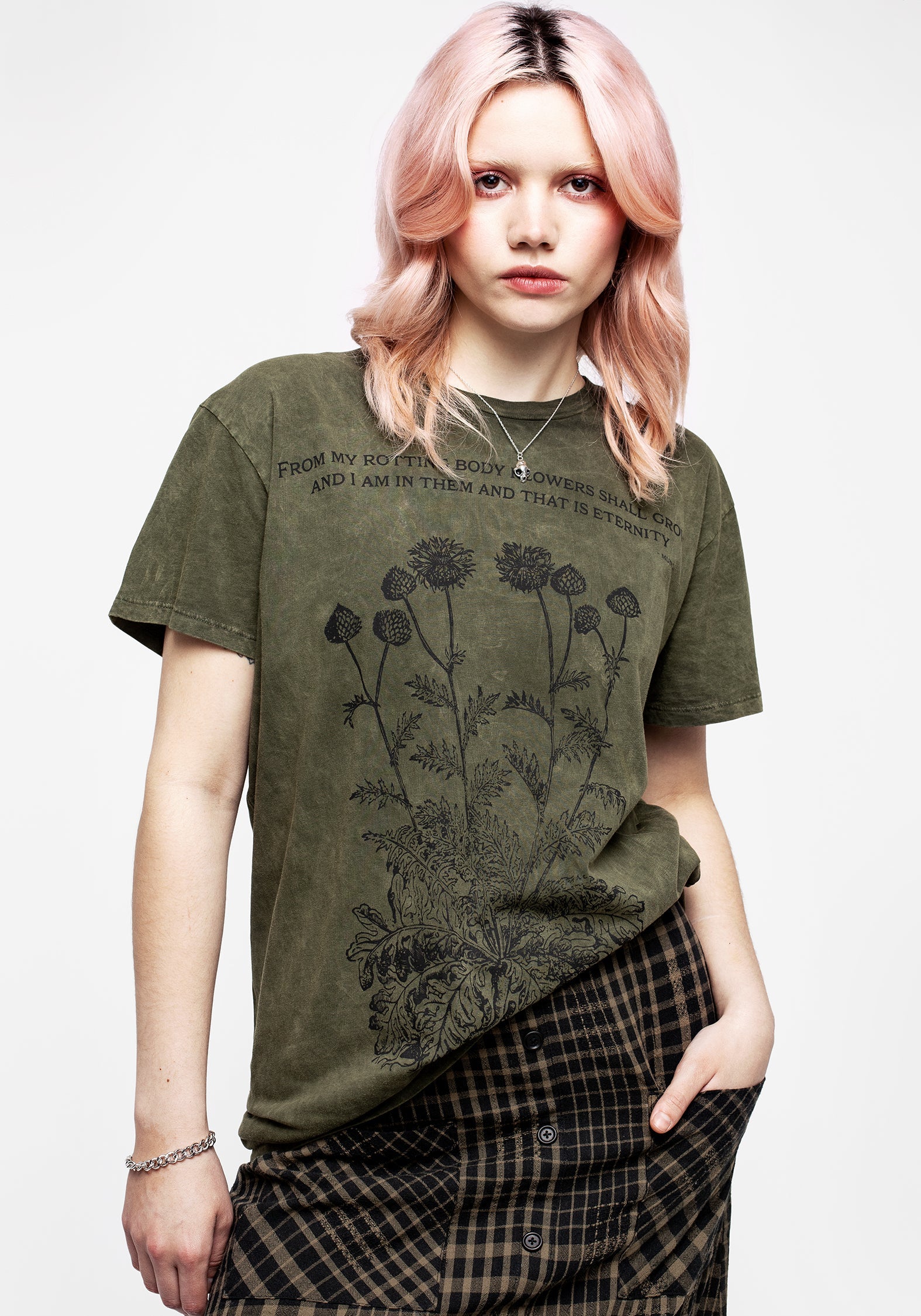 Acid Washed Green Graphic T-Shirt with Botanical Print | Eternity