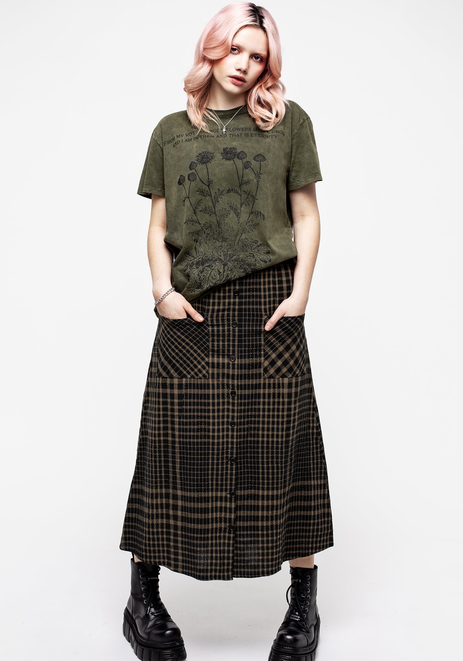 Acid Washed Green Graphic T-Shirt with Botanical Print | Eternity