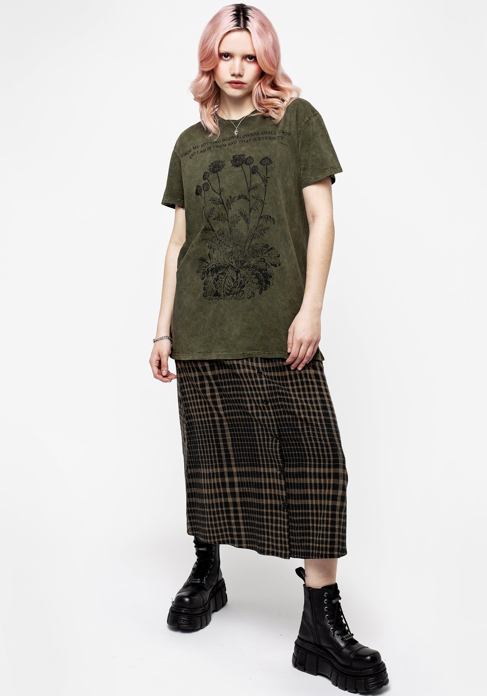 Acid Washed Green Graphic T-Shirt with Botanical Print | Eternity