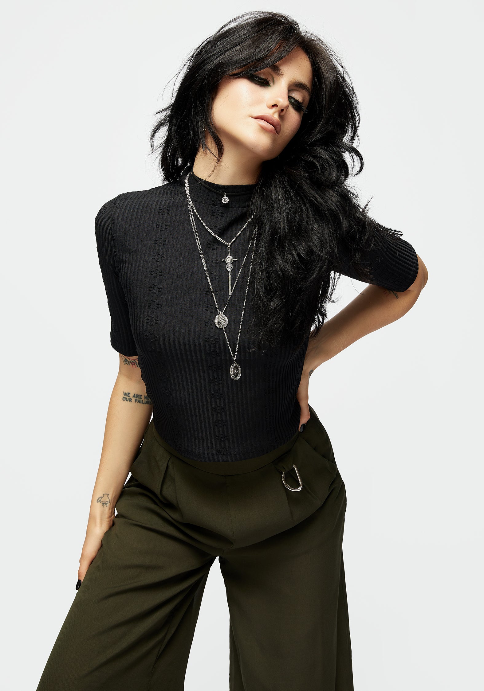 Black Ribbed Crop Top with Mock Neck & Short Sleeves | Ethos