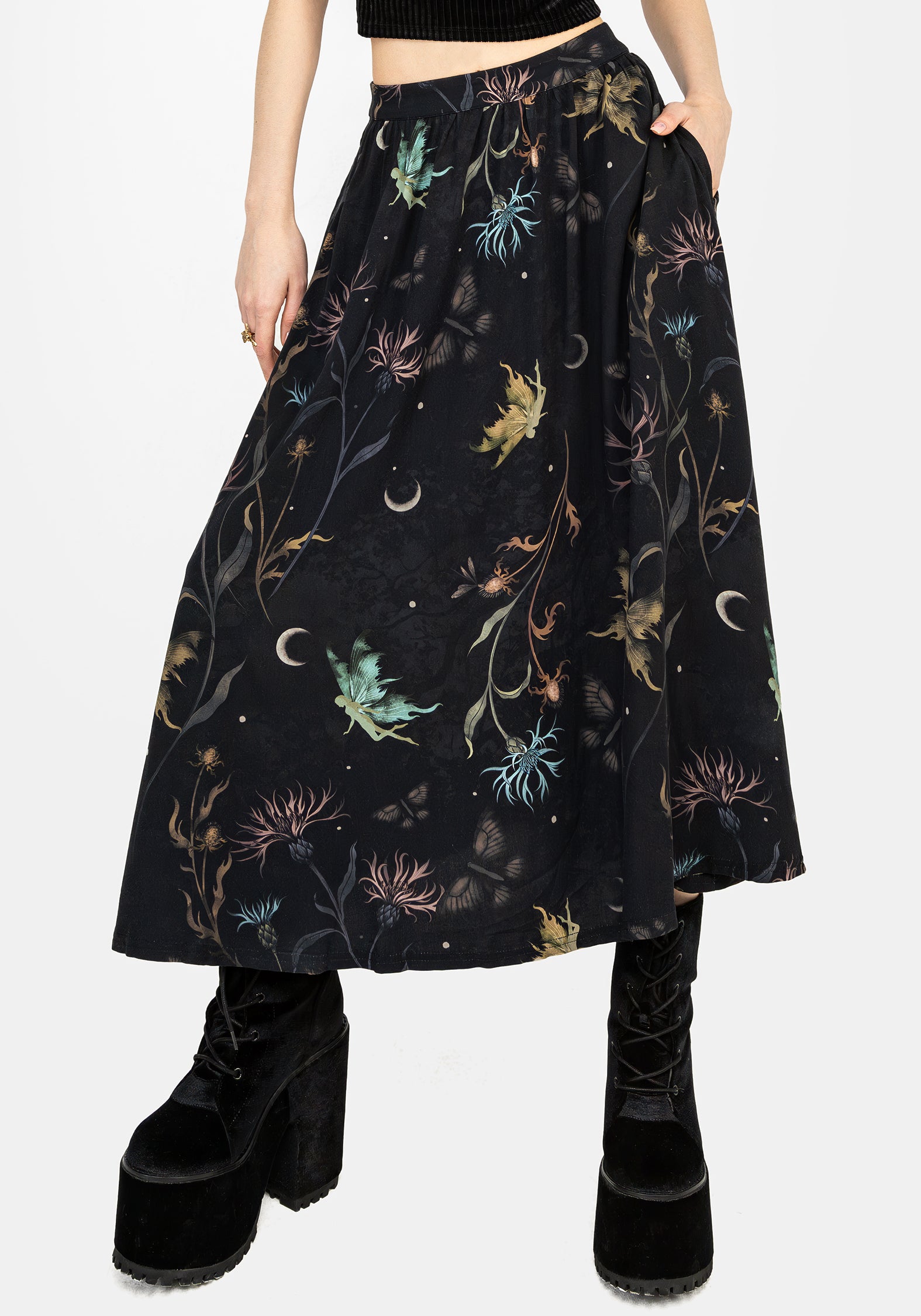 Floral Print Midi Skirt with Pockets & Elastic Waist | Rosanella