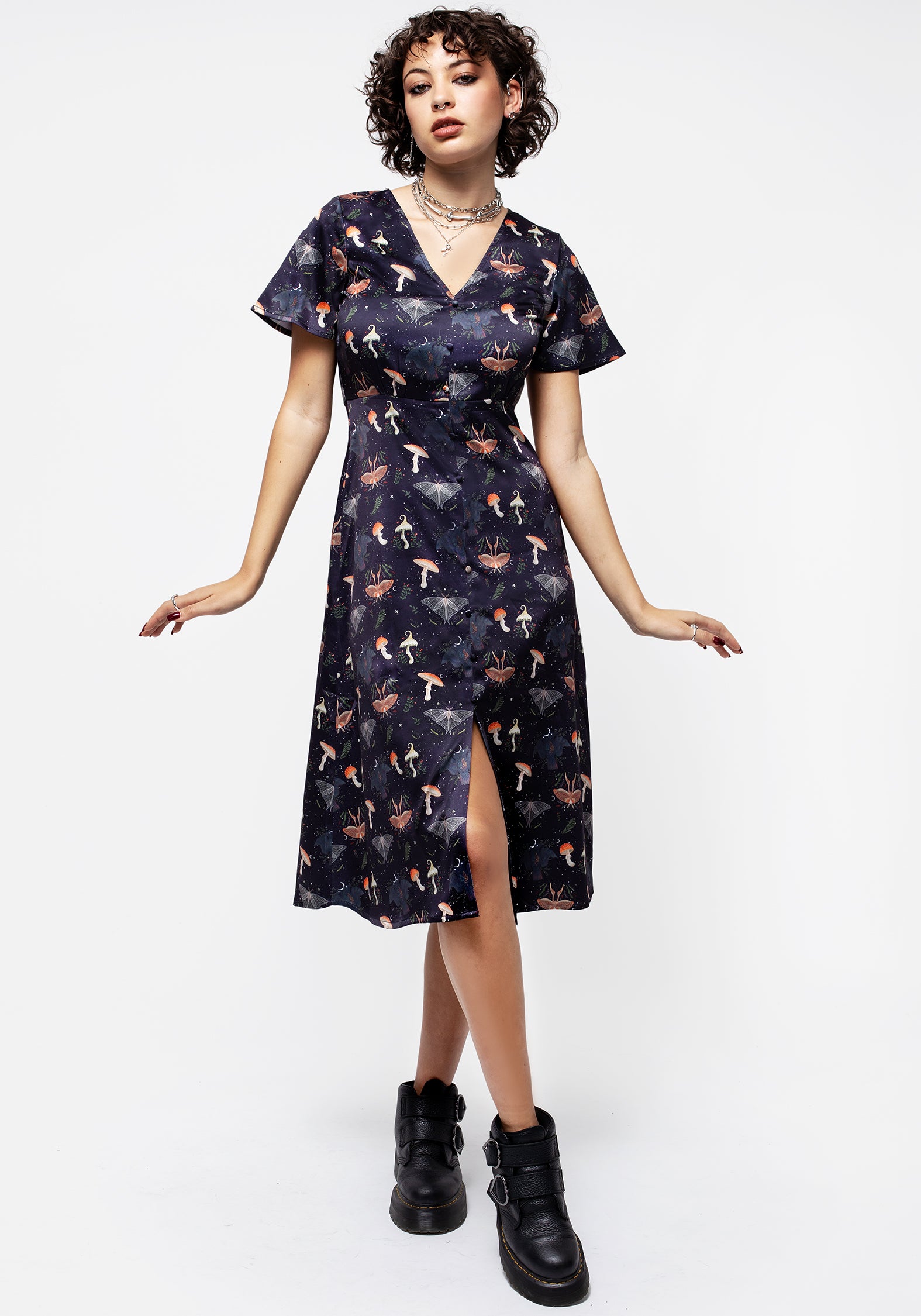 Moon & Moth Print Satin Midi Dress with Button Front | Medeina