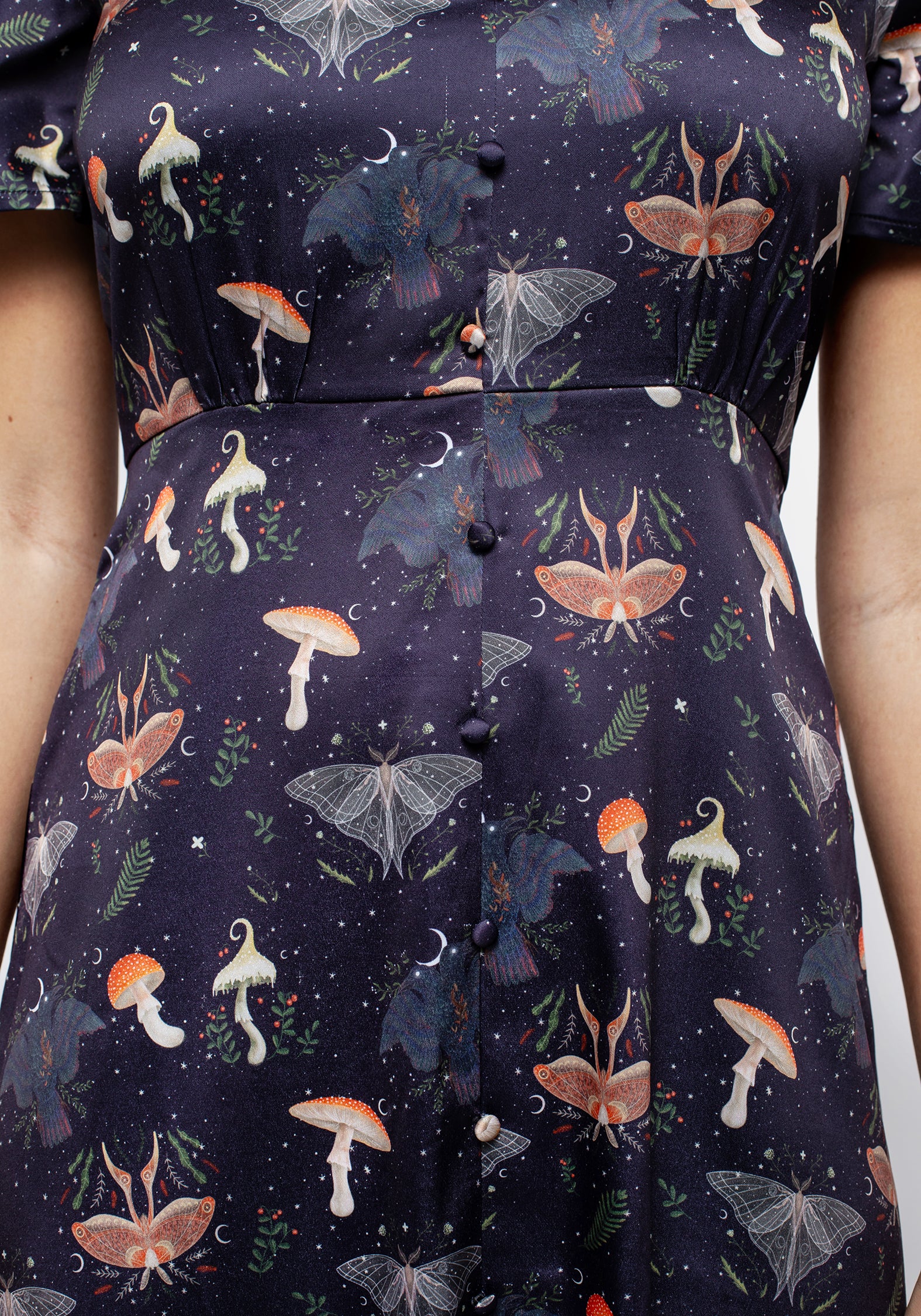 Moon & Moth Print Satin Midi Dress with Button Front | Medeina