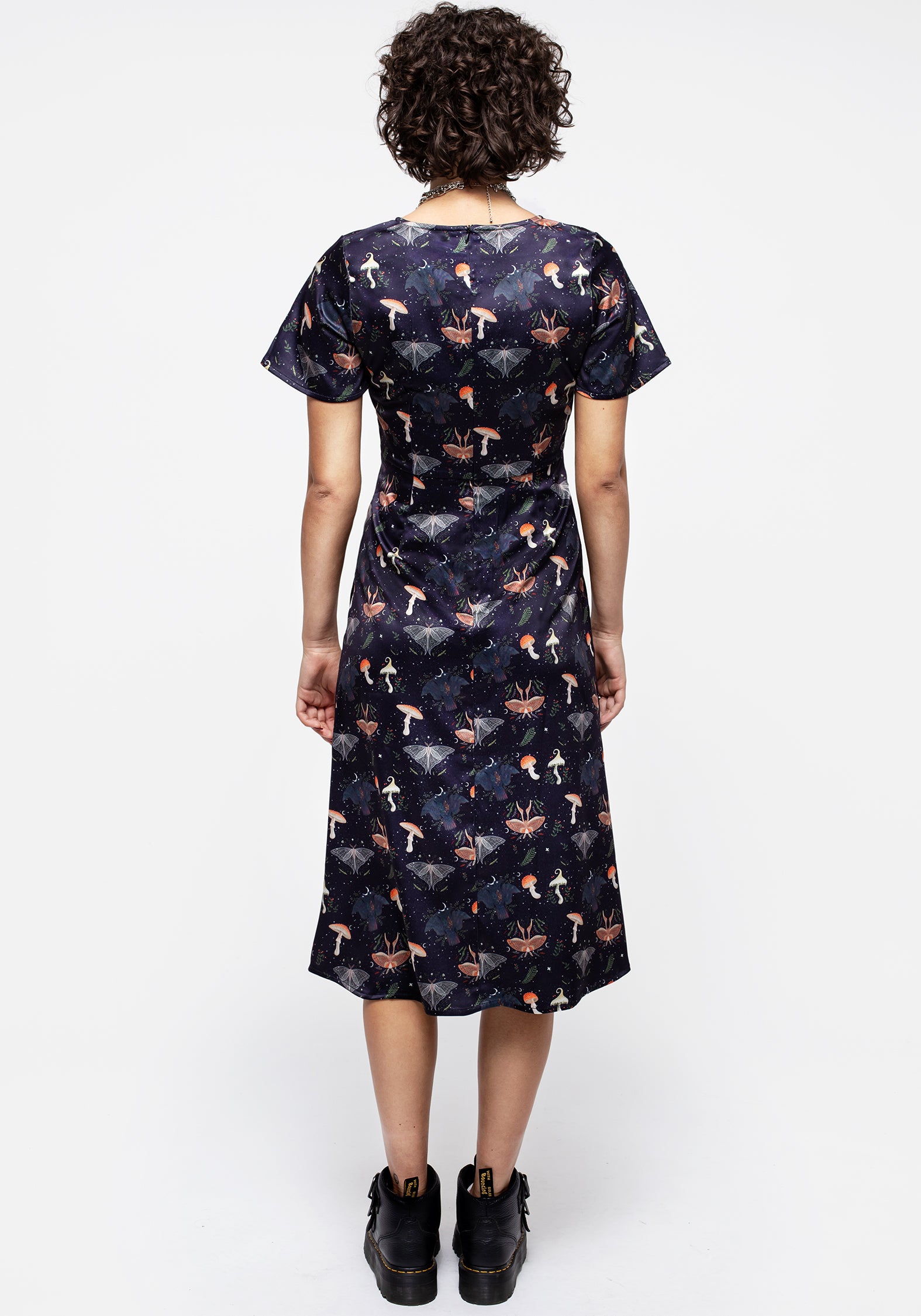 Moon & Moth Print Satin Midi Dress with Button Front | Medeina