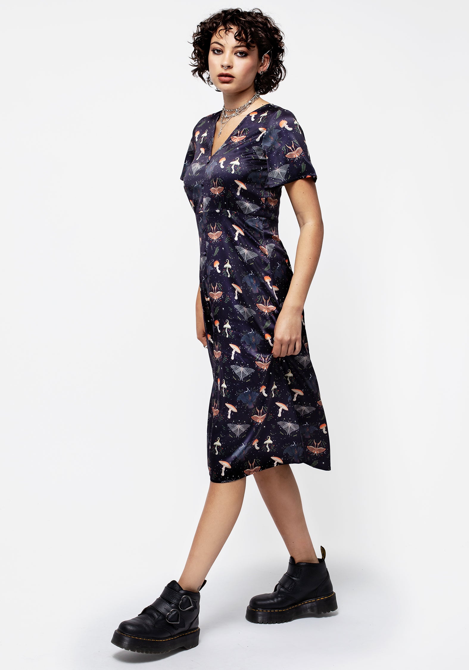 Moon & Moth Print Satin Midi Dress with Button Front | Medeina