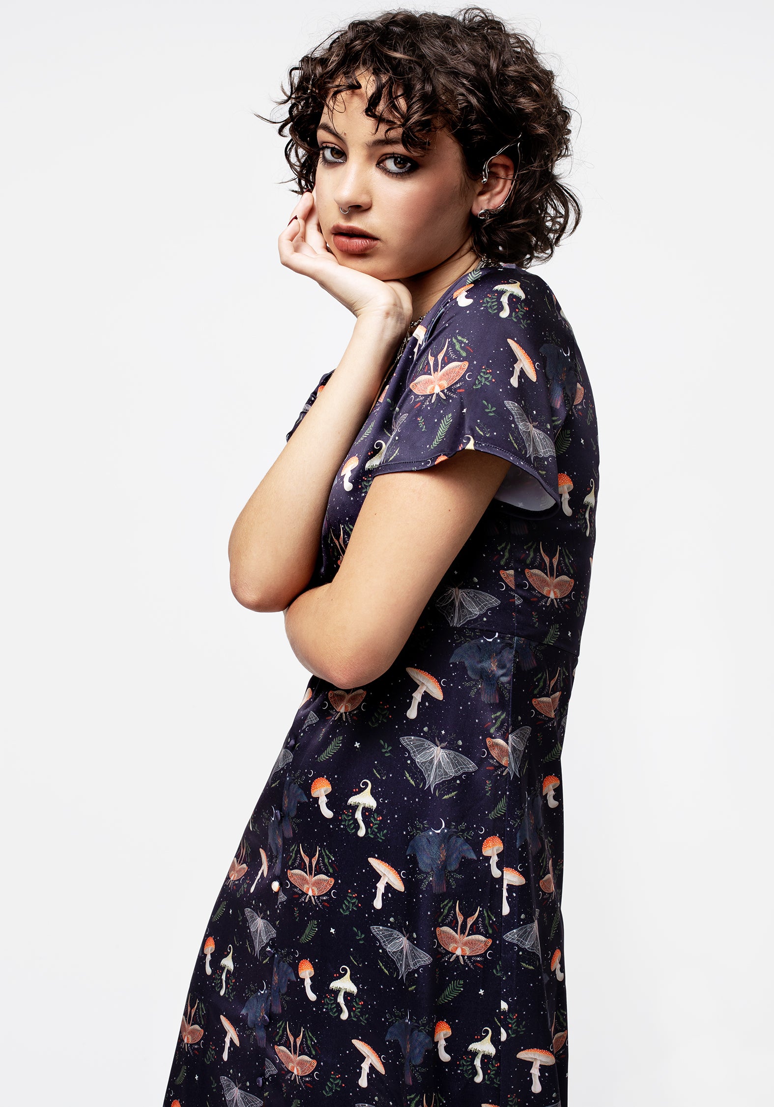 Moon & Moth Print Satin Midi Dress with Button Front | Medeina
