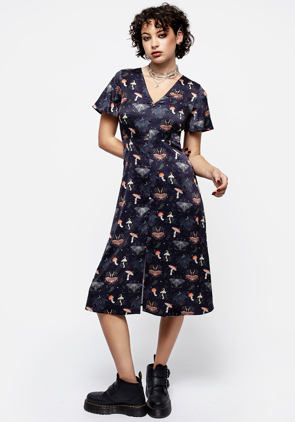 Moon & Moth Print Satin Midi Dress with Button Front | Medeina