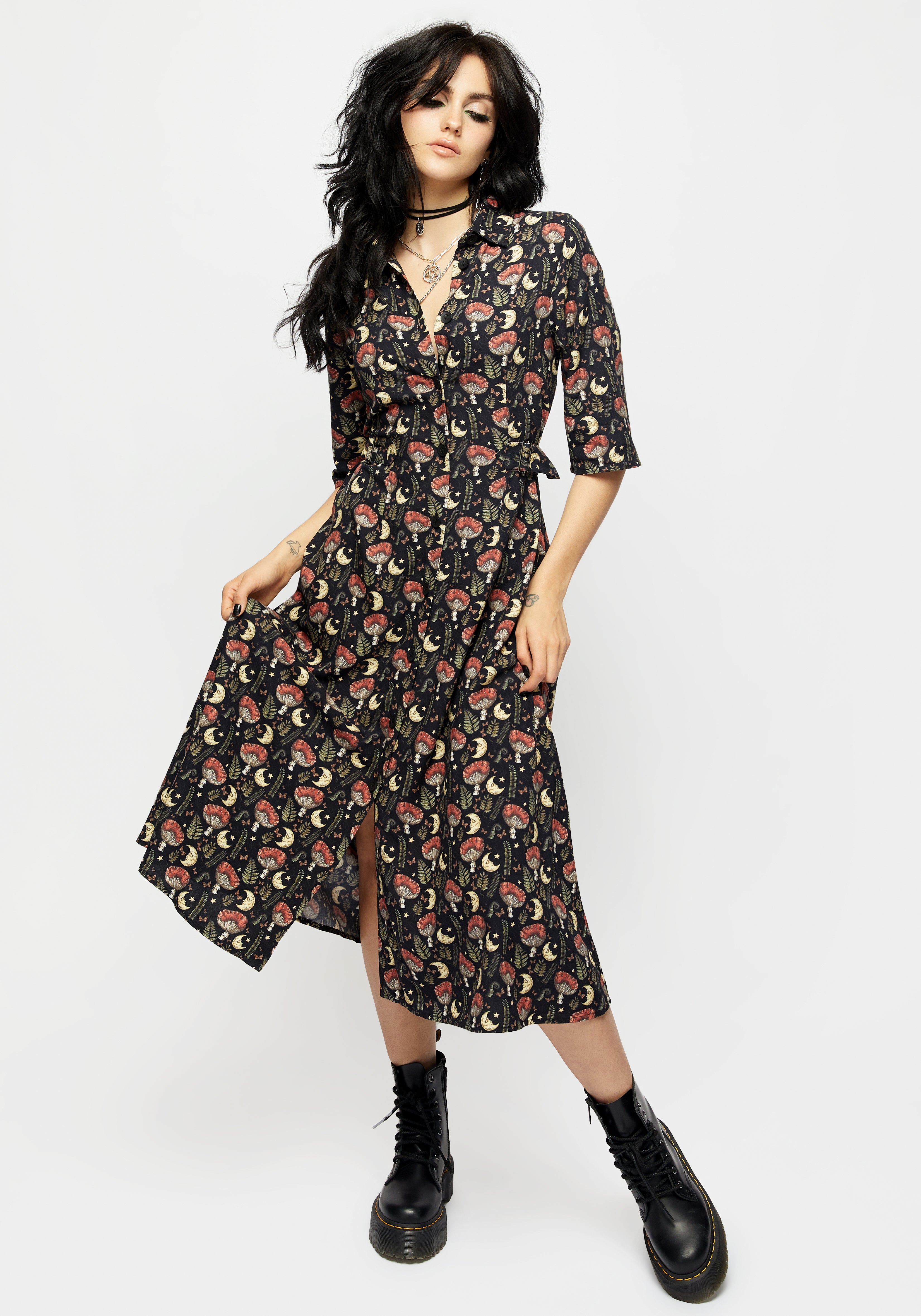 Mushroom & Moon Print Midi Shirt Dress with Belted Waist | Dreamfast