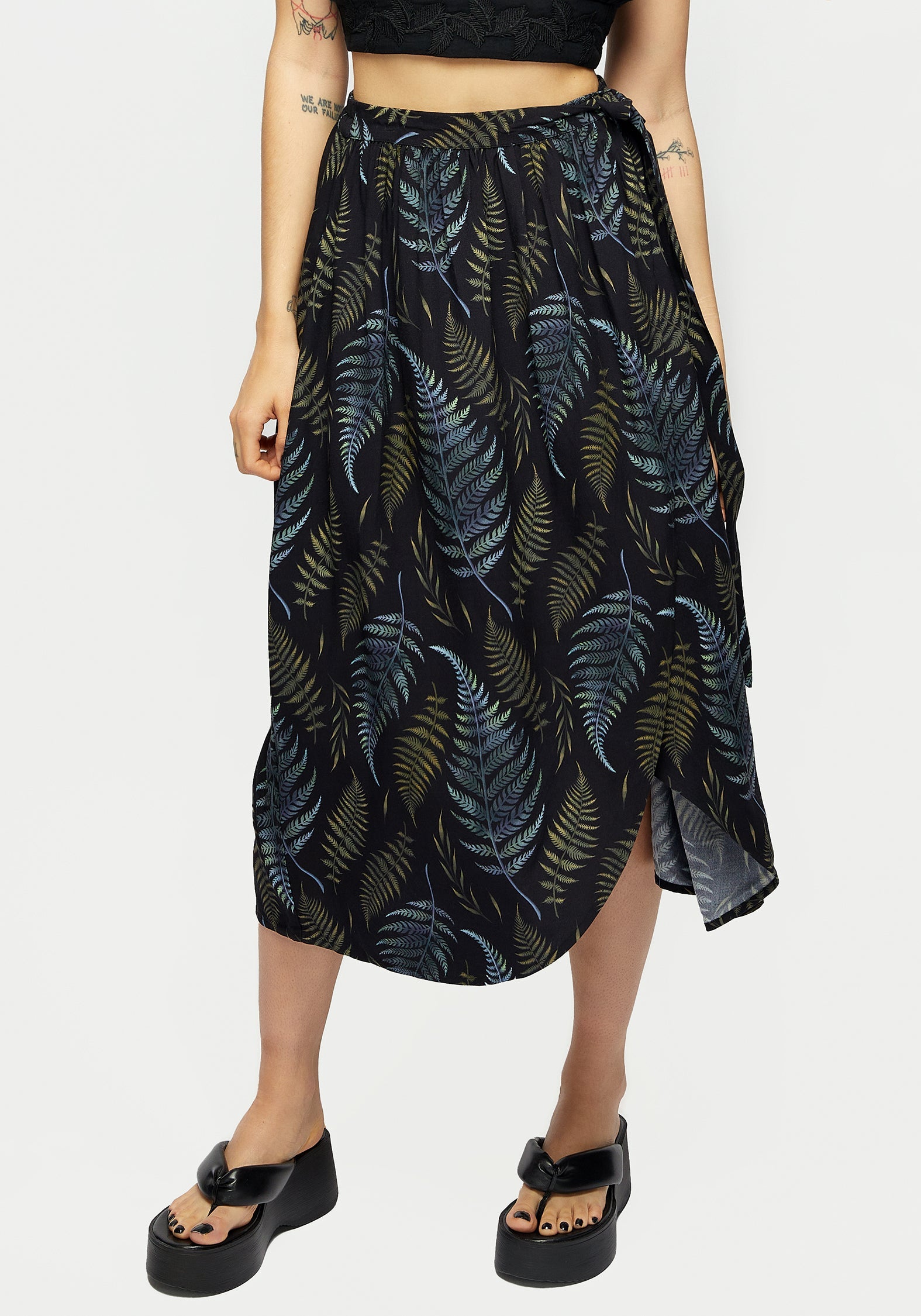 Black Fern Print Faux Wrap Midi Skirt with Side Split | Breathable Viscose