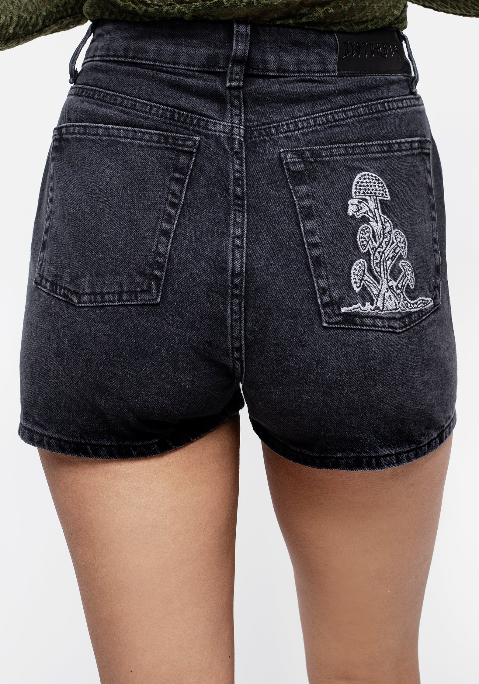 High-Waisted Embroidered Denim Mom Shorts with Snake & Mushroom Design | Eden