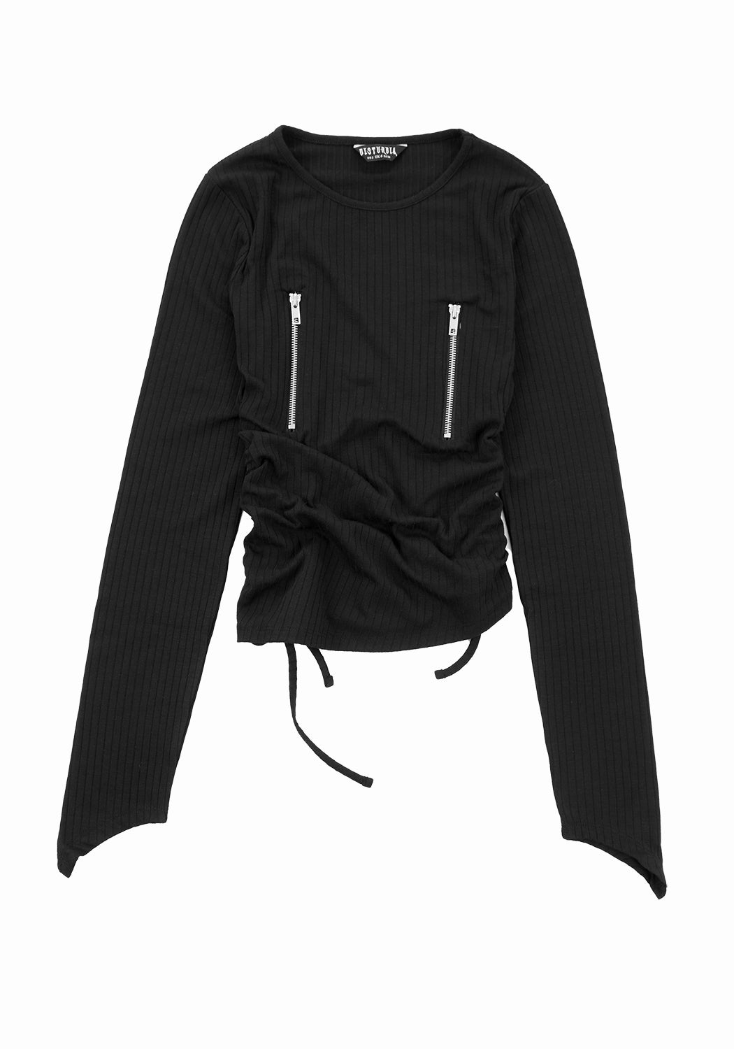 Black Zip-Front Long Sleeve Top with Ruching | Christine