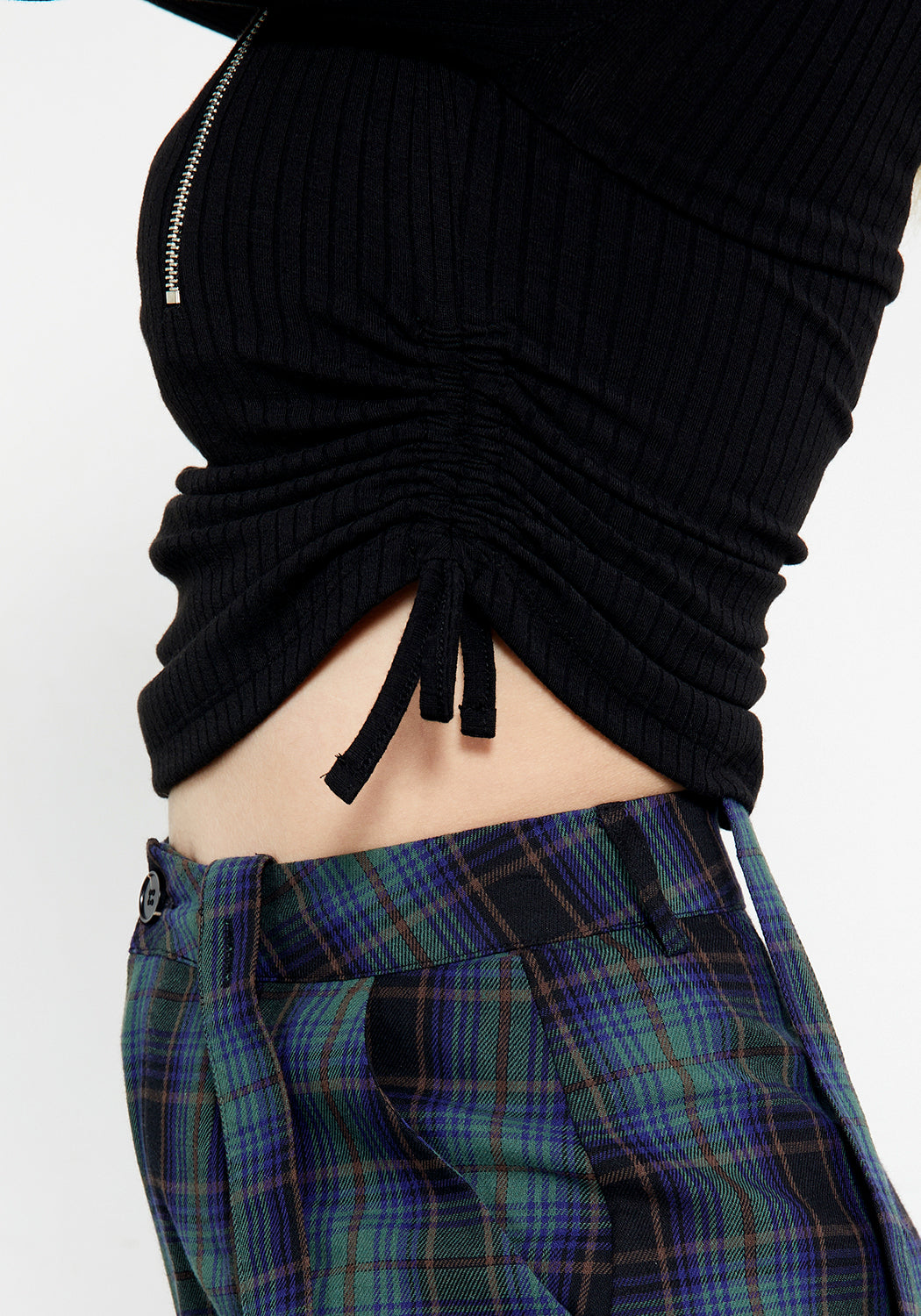 Black Zip-Front Long Sleeve Top with Ruching | Christine