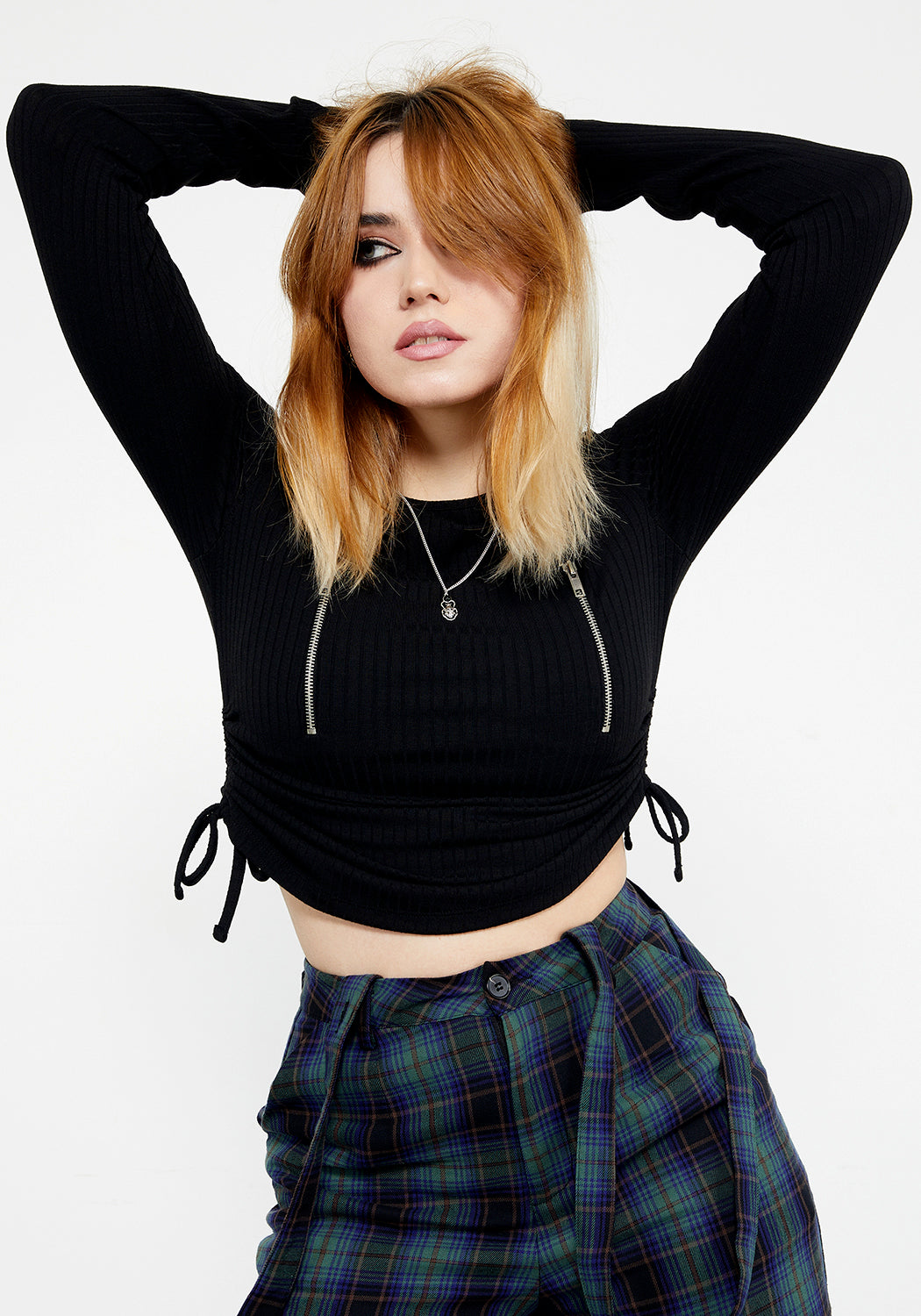 Black Zip-Front Long Sleeve Top with Ruching | Christine
