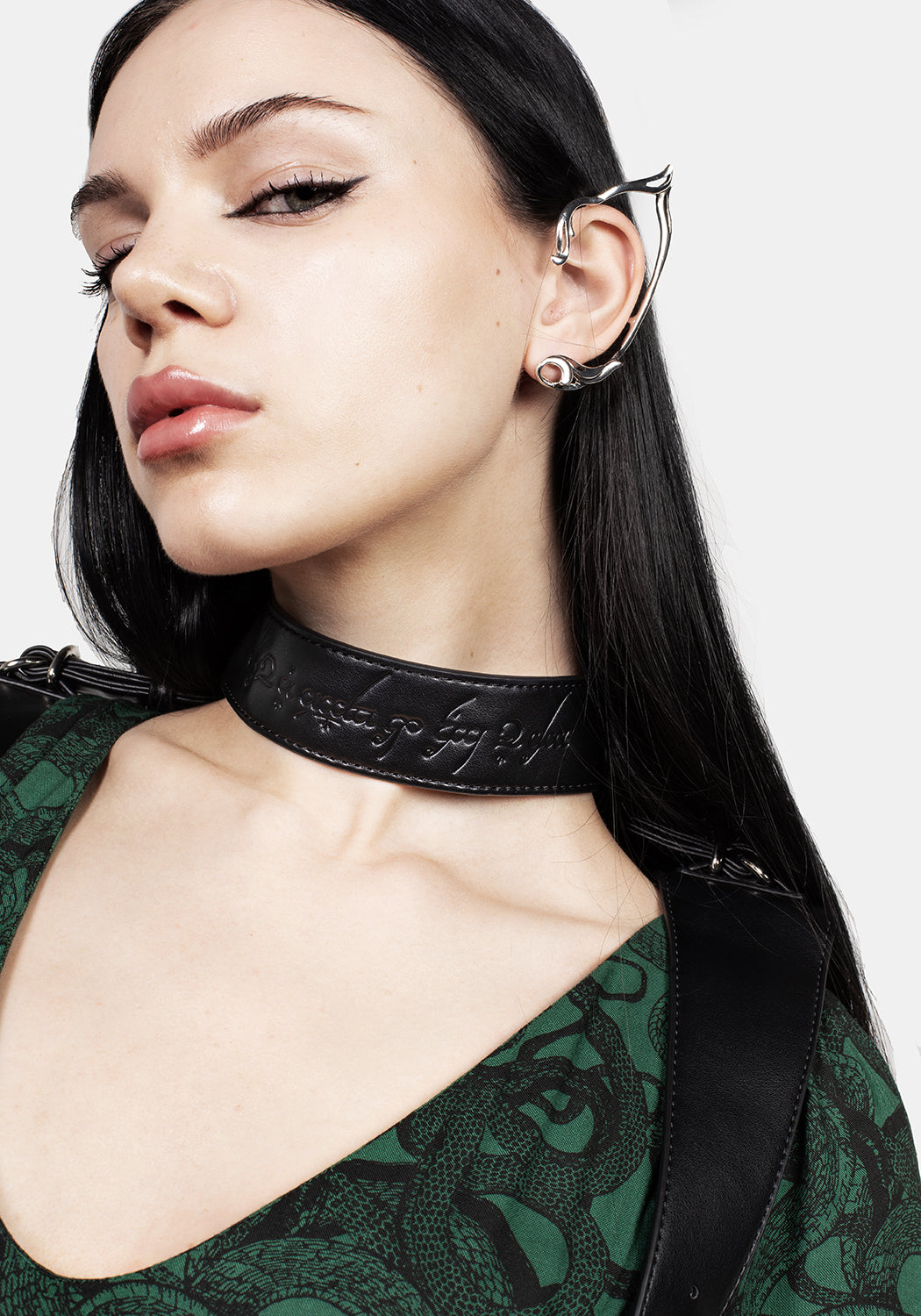 Adjustable Faux Leather Choker Harness with Silver Buckles | Nienna