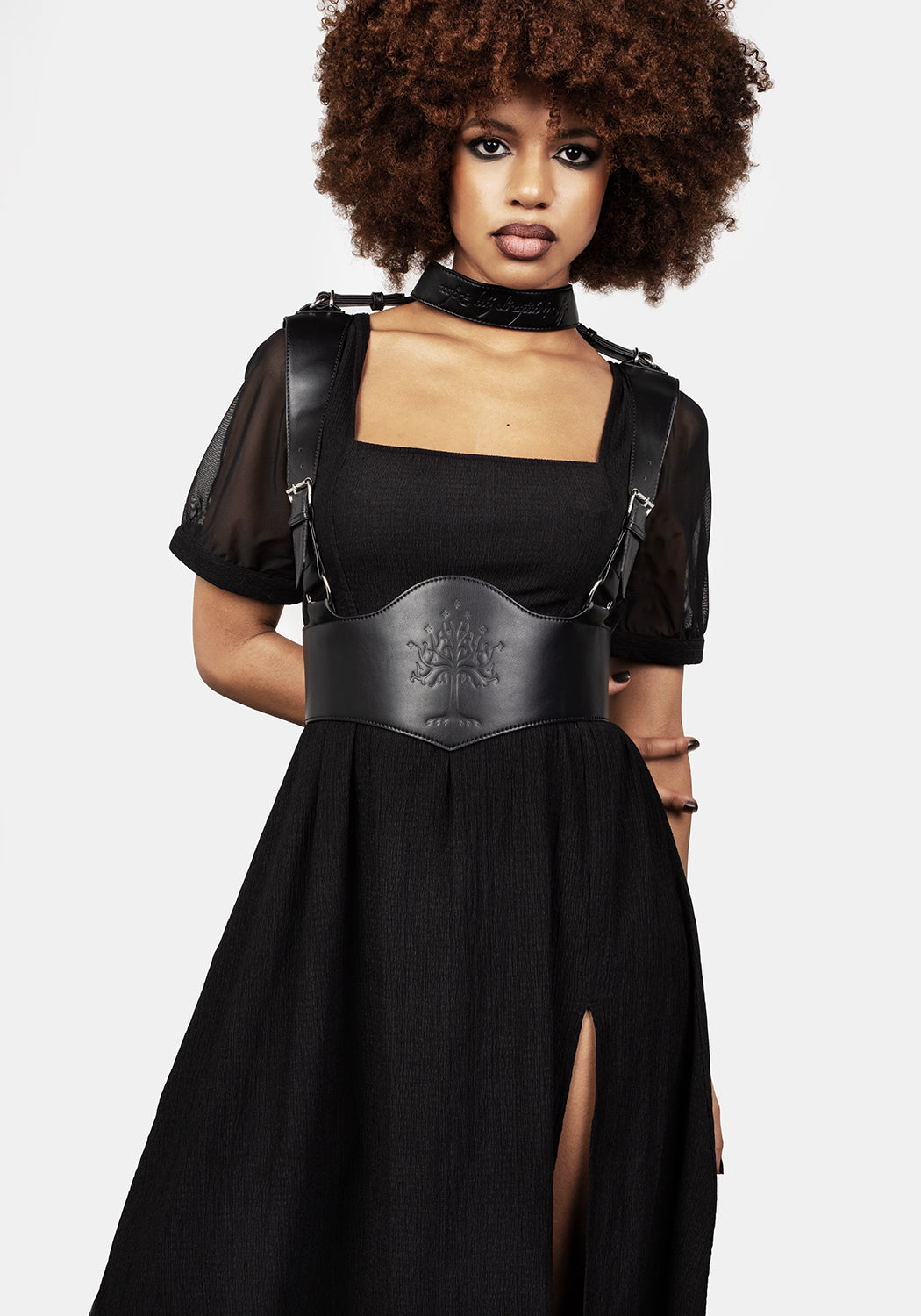 Adjustable Faux Leather Choker Harness with Silver Buckles | Nienna