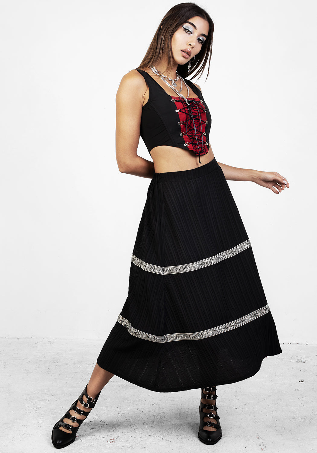 Black & Red Lace-Up Corset Top with Runic Embroidery | Summerisle