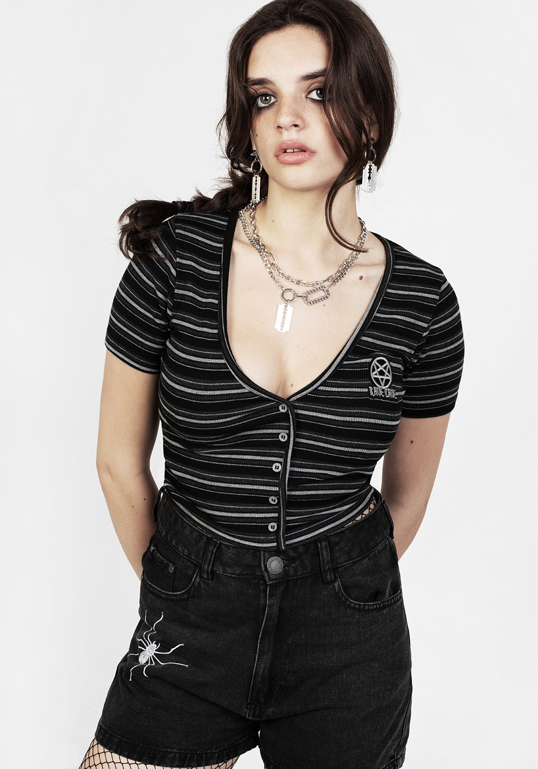 Striped Cropped Cardigan with V Neck & Embroidered Design | Rave