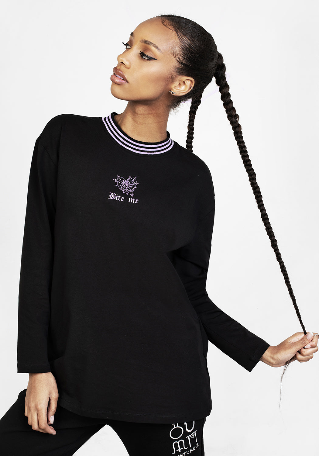 Oversized Black Long-Sleeve T-Shirt with Lilac Embroidery | Bite Me