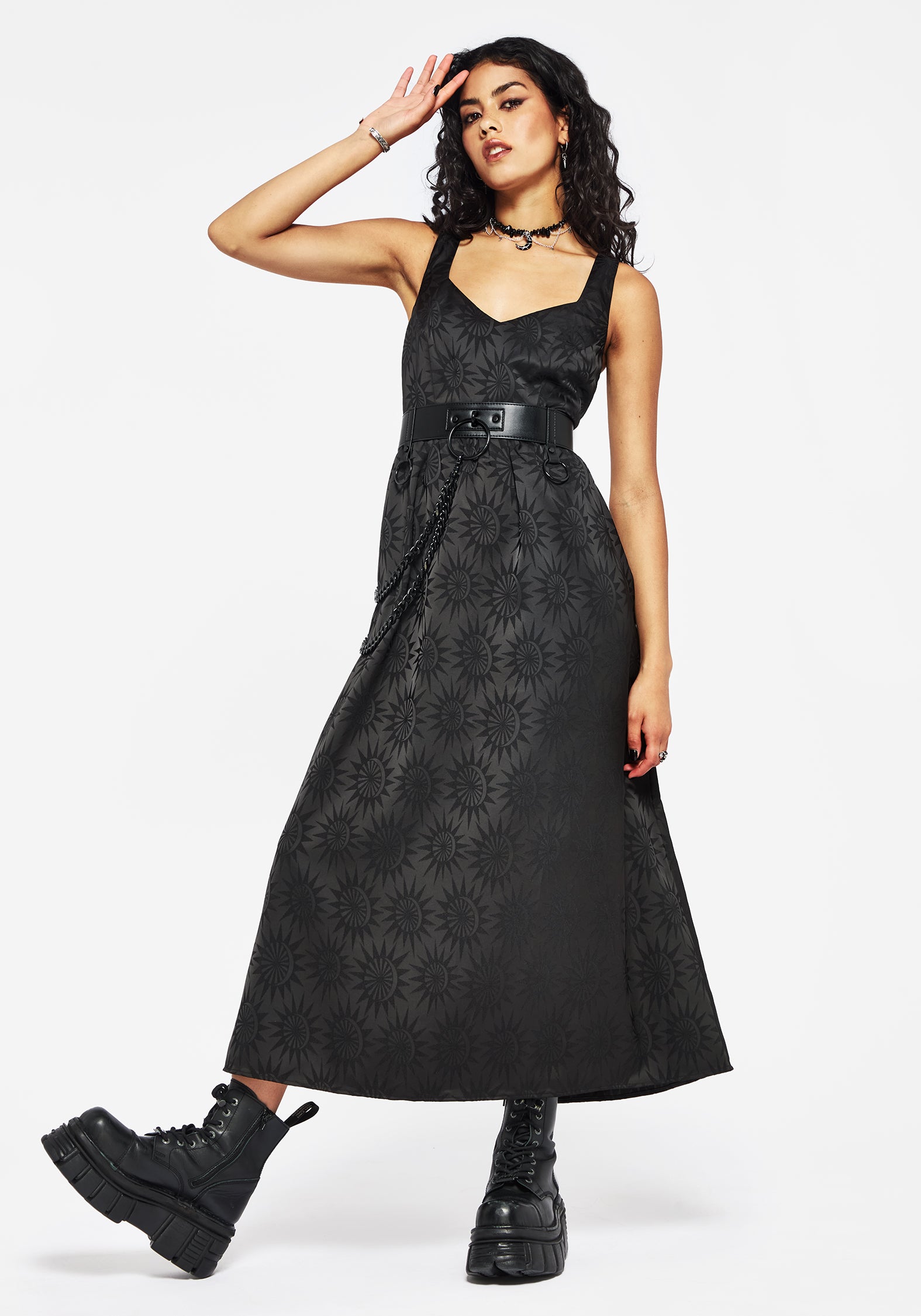 Celestial Printed Cami Midi Dress with V-Neck & Tie-Back | Semine
