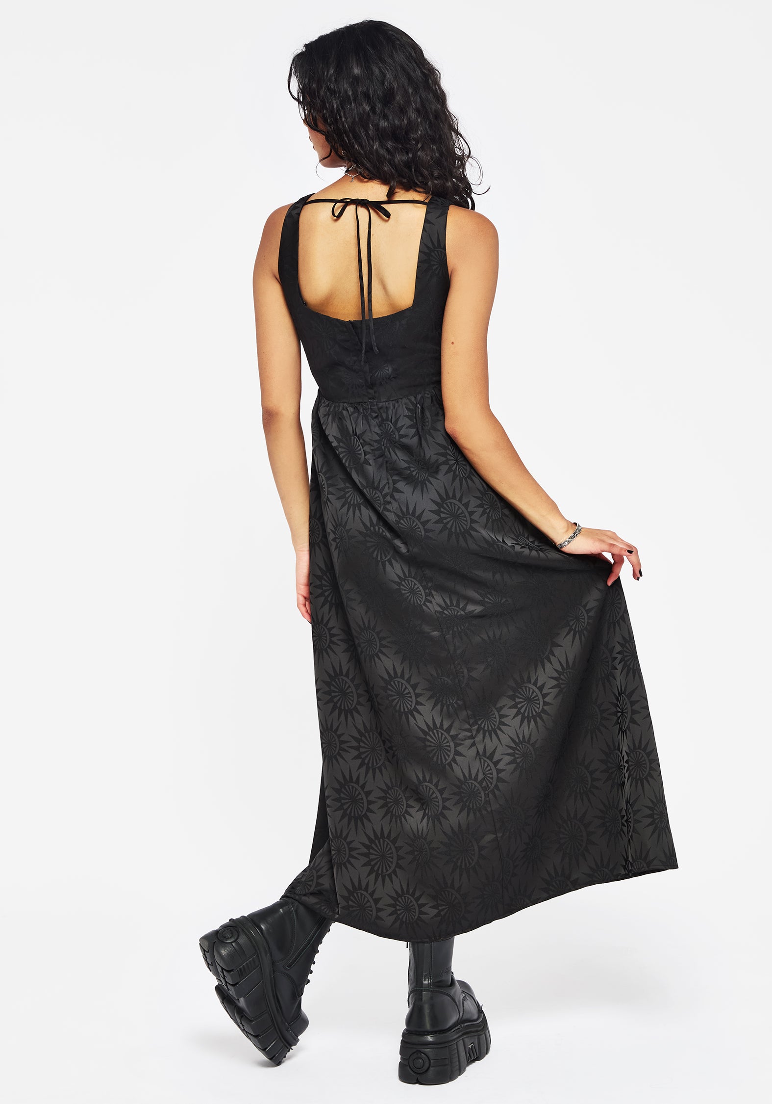 Celestial Printed Cami Midi Dress with V-Neck & Tie-Back | Semine