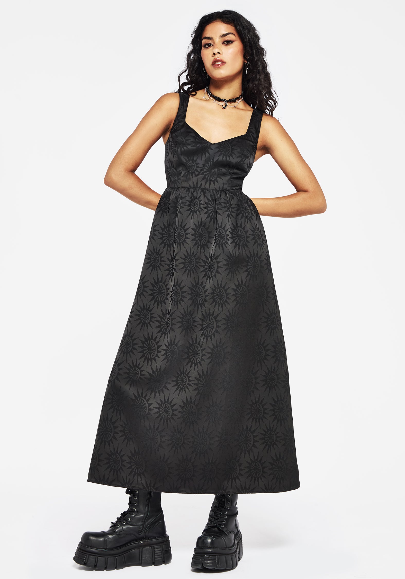 Celestial Printed Cami Midi Dress with V-Neck & Tie-Back | Semine