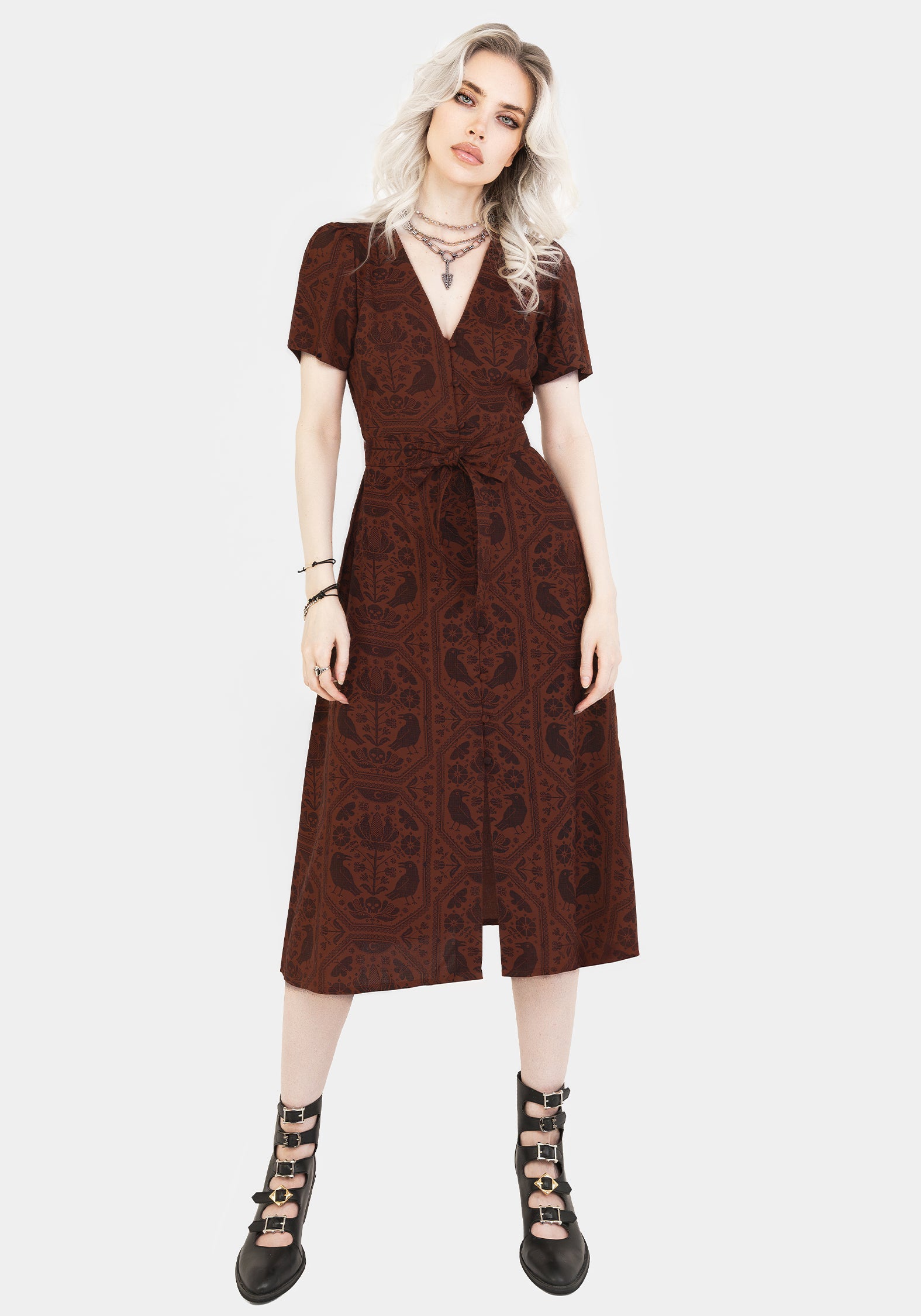 Rust Red Raven Print Midi Dress with Button Front | Annabel