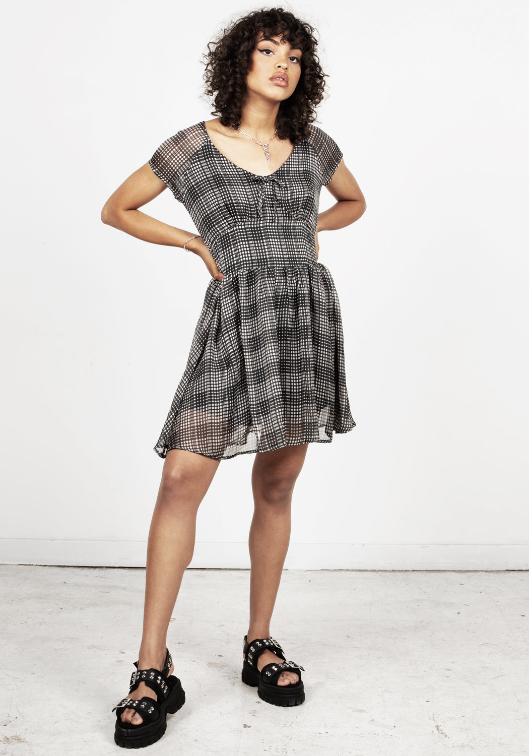 Sheer Check Mini Dress with Sweetheart Neckline & Side Zip | Darling Grunge
