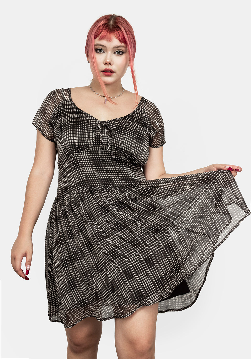 Sheer Check Mini Dress with Sweetheart Neckline & Side Zip | Darling Grunge