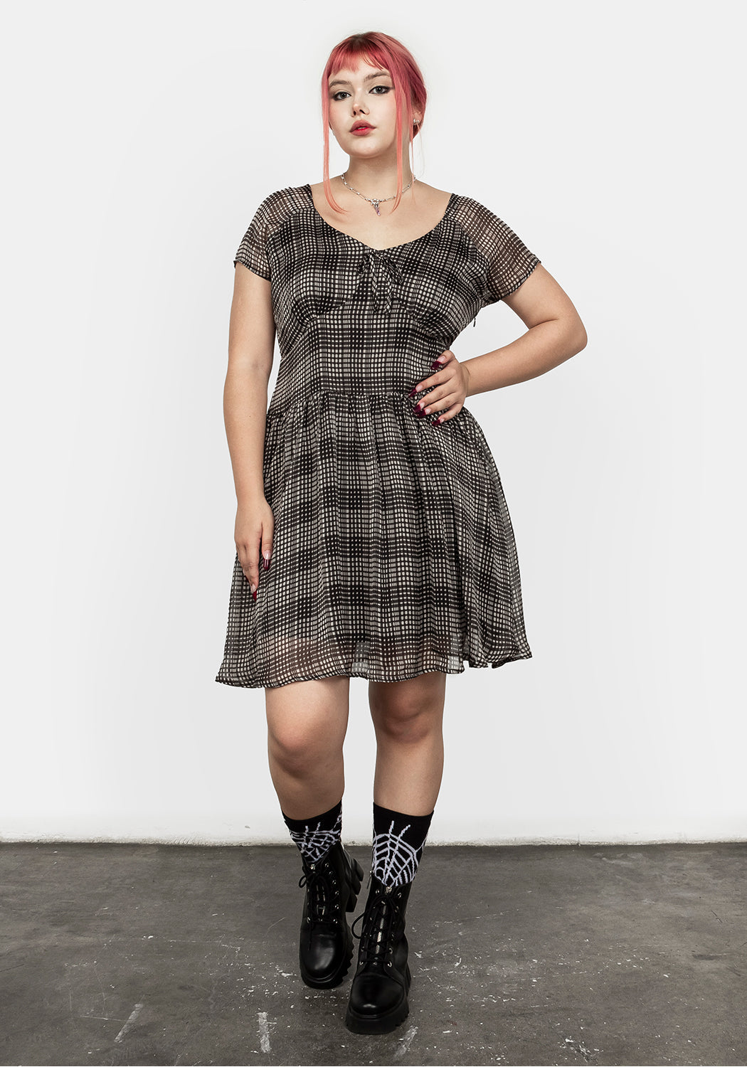 Sheer Check Mini Dress with Sweetheart Neckline & Side Zip | Darling Grunge