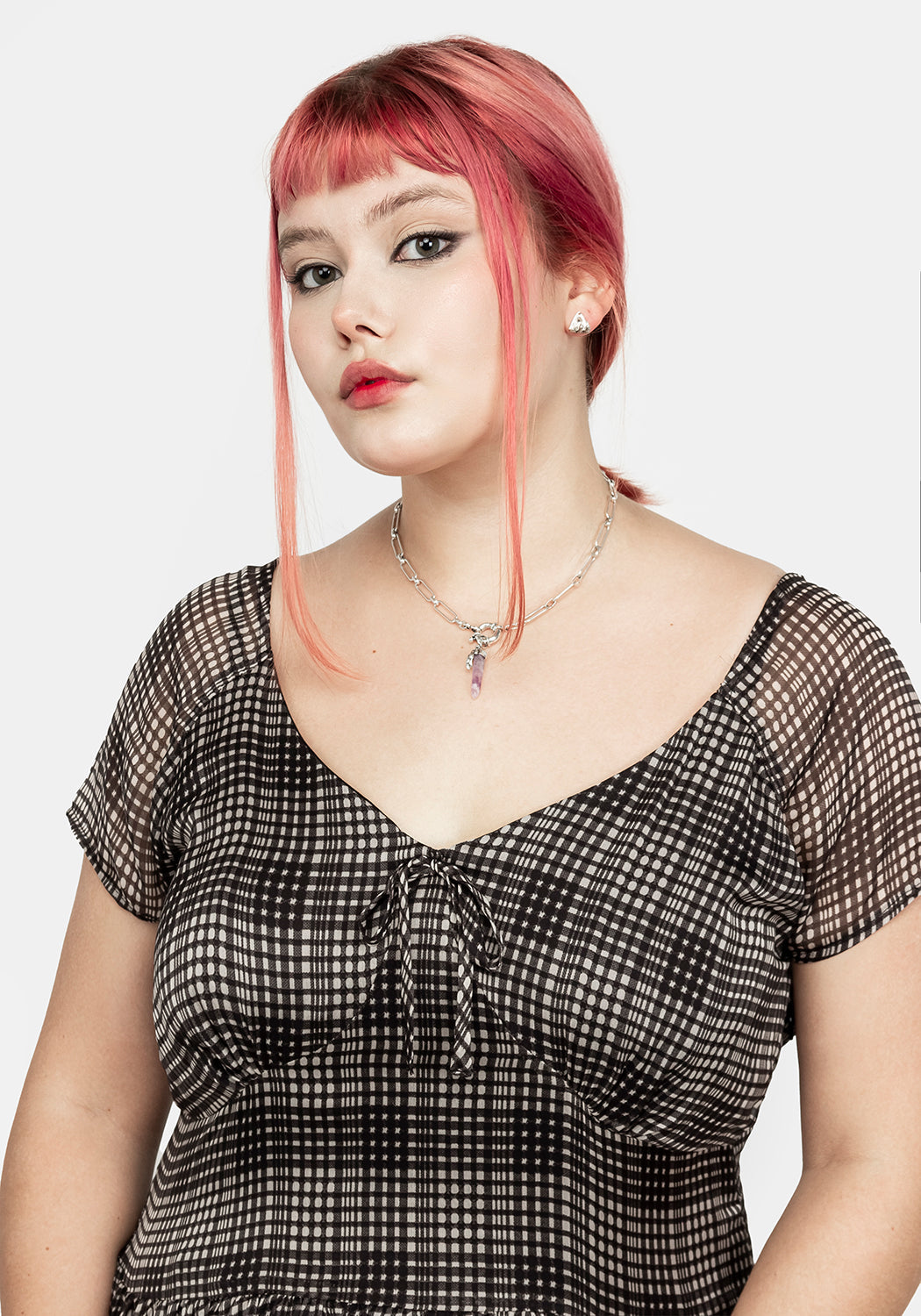 Sheer Check Mini Dress with Sweetheart Neckline & Side Zip | Darling Grunge
