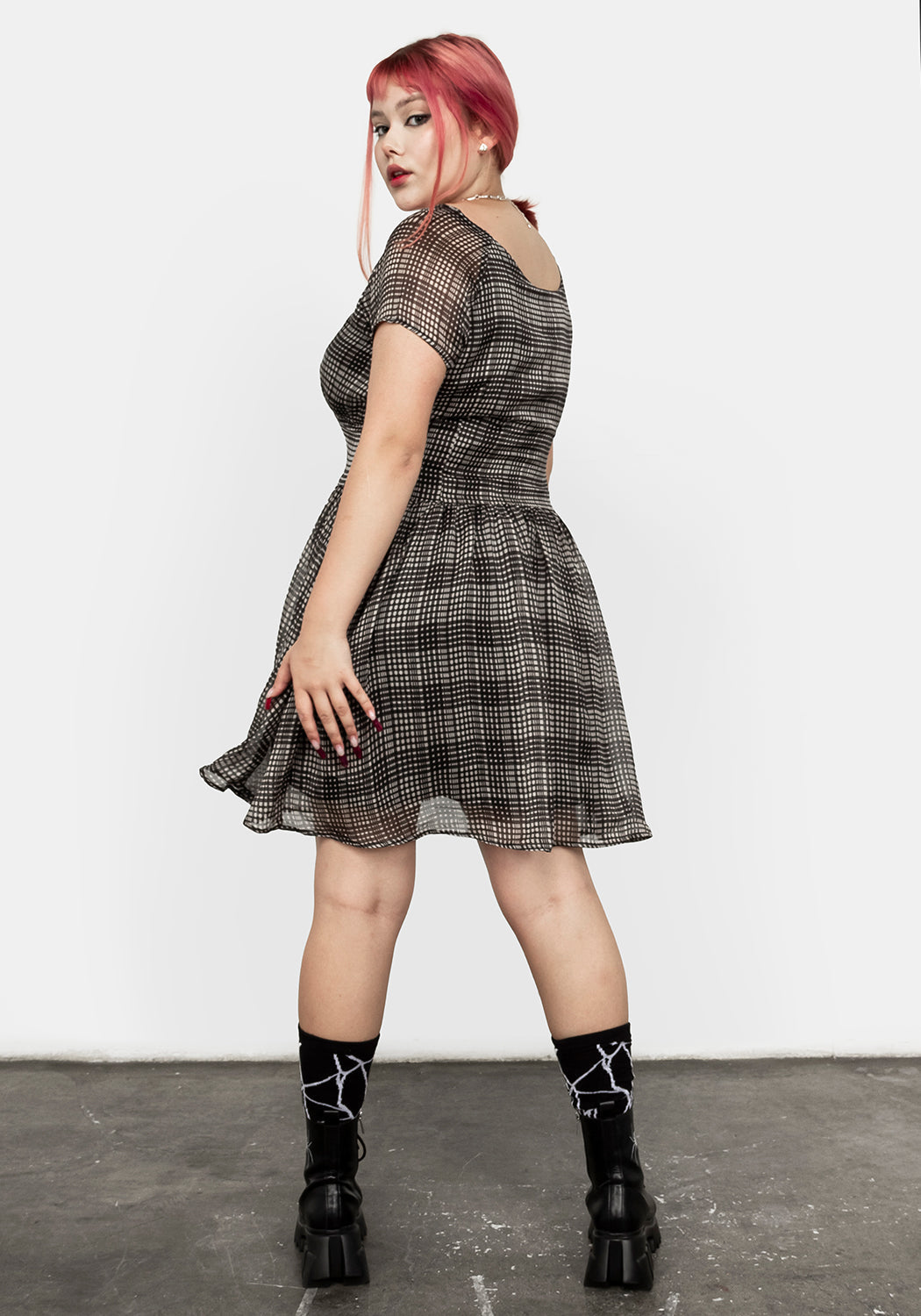 Sheer Check Mini Dress with Sweetheart Neckline & Side Zip | Darling Grunge