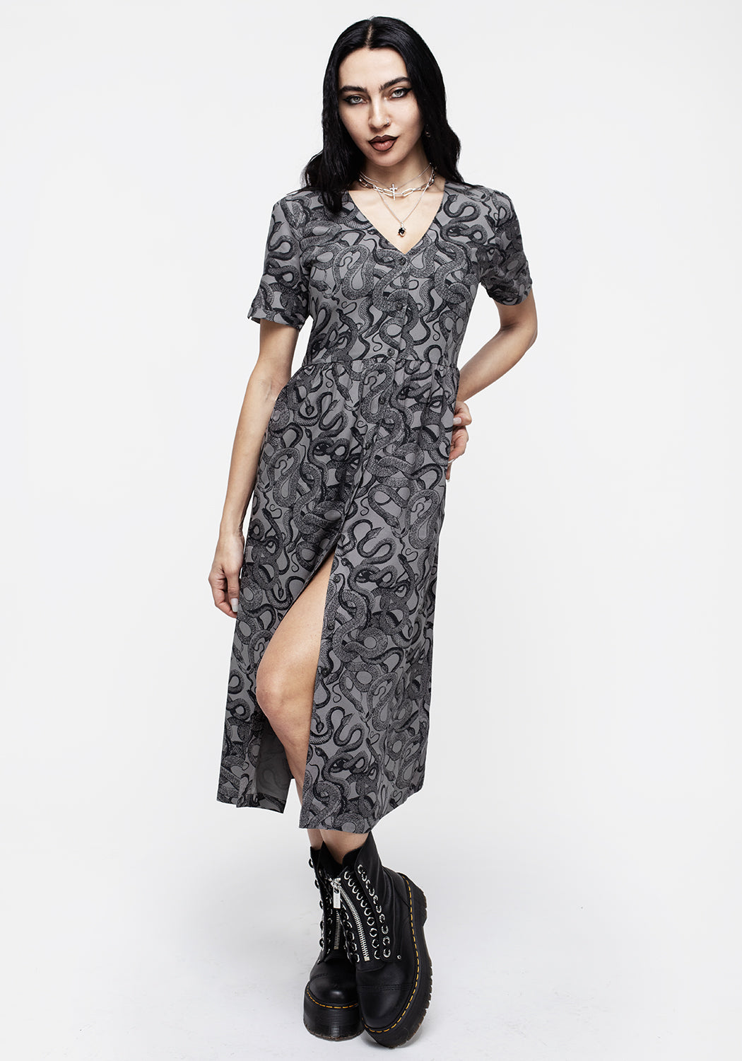 Snakes Print Button Down Midi Dress - Grey | Ophidia
