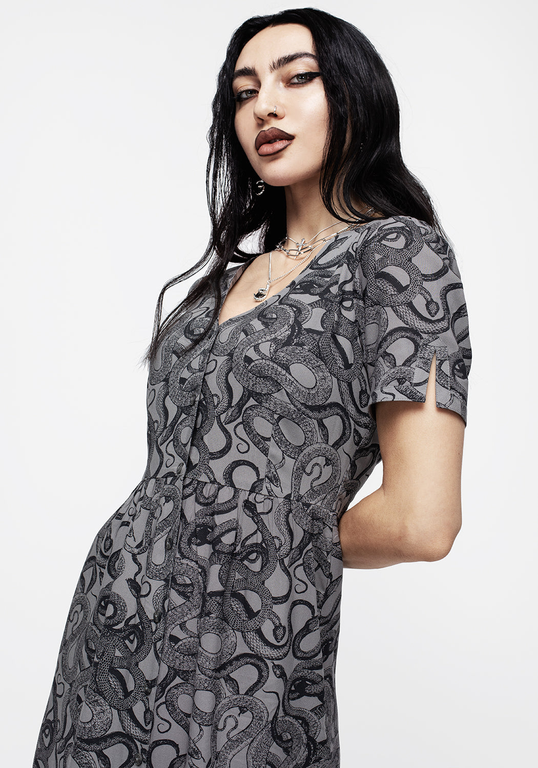 Snakes Print Button Down Midi Dress - Grey | Ophidia