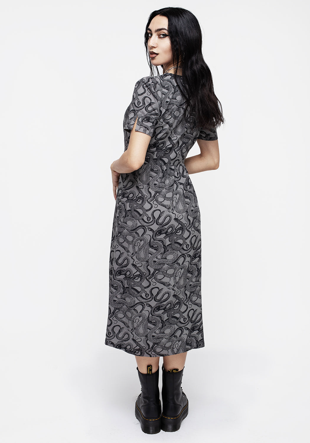 Snakes Print Button Down Midi Dress - Grey | Ophidia