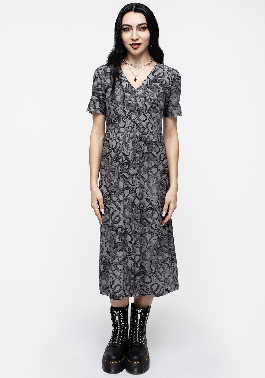 Snakes Print Button Down Midi Dress - Grey | Ophidia