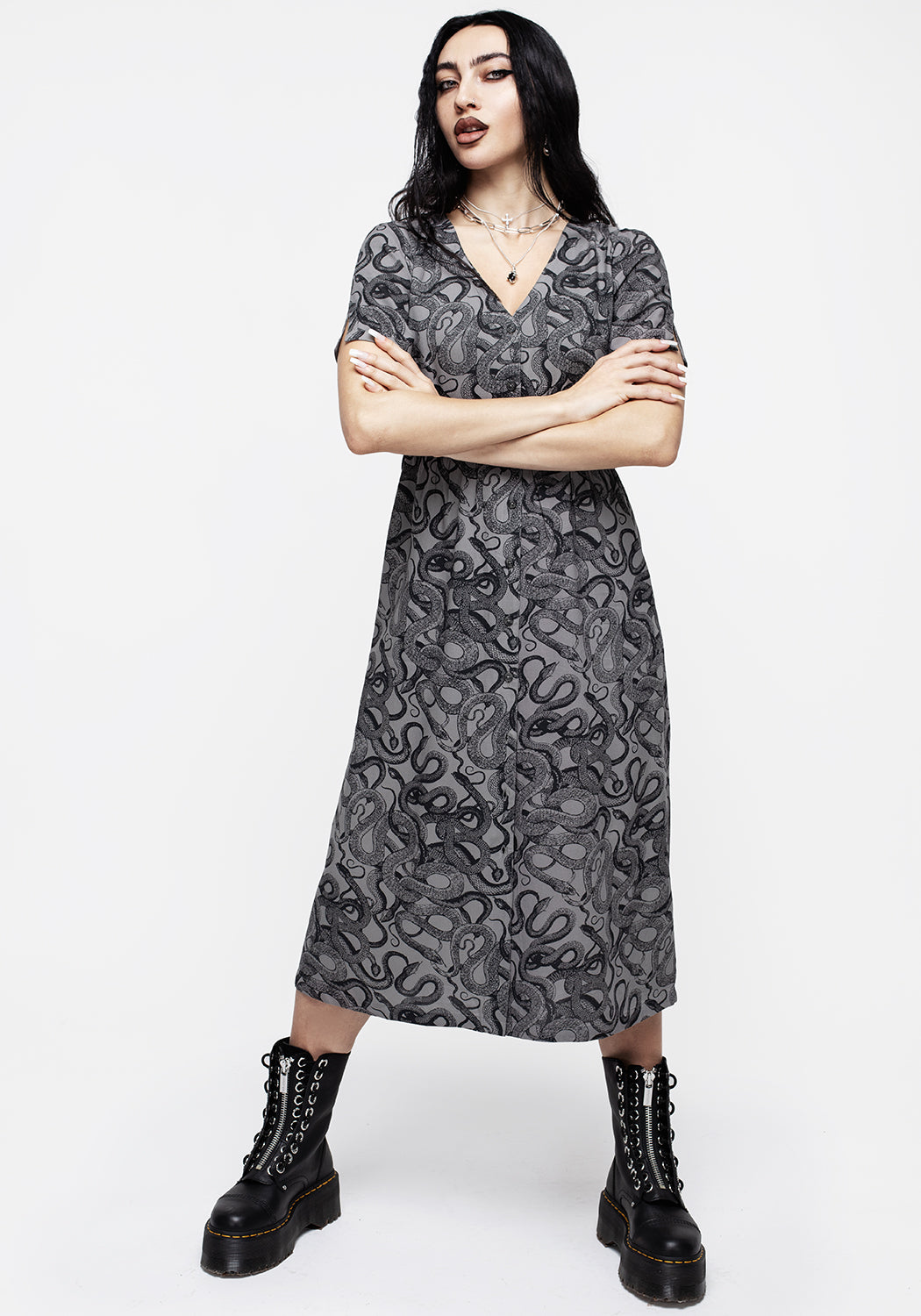 Snakes Print Button Down Midi Dress - Grey | Ophidia