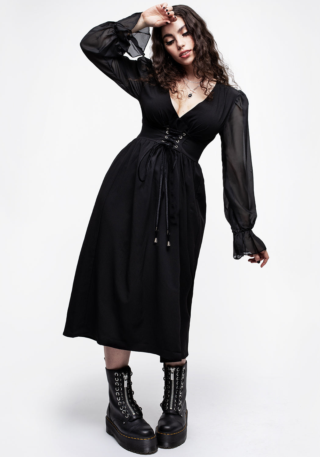 Lace-Up Sheer Sleeve Midi Dress with V-Neck & Belted Waist | Banished
