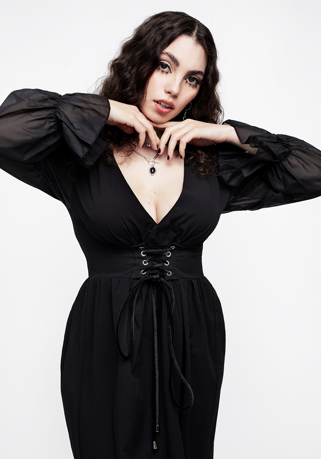 Lace-Up Sheer Sleeve Midi Dress with V-Neck & Belted Waist | Banished