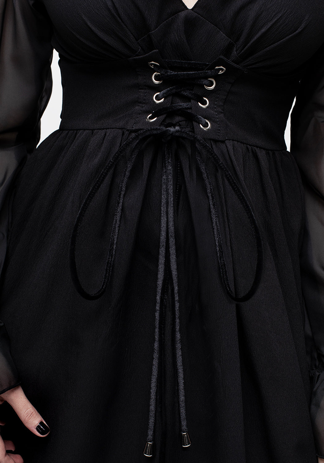 Lace-Up Sheer Sleeve Midi Dress with V-Neck & Belted Waist | Banished