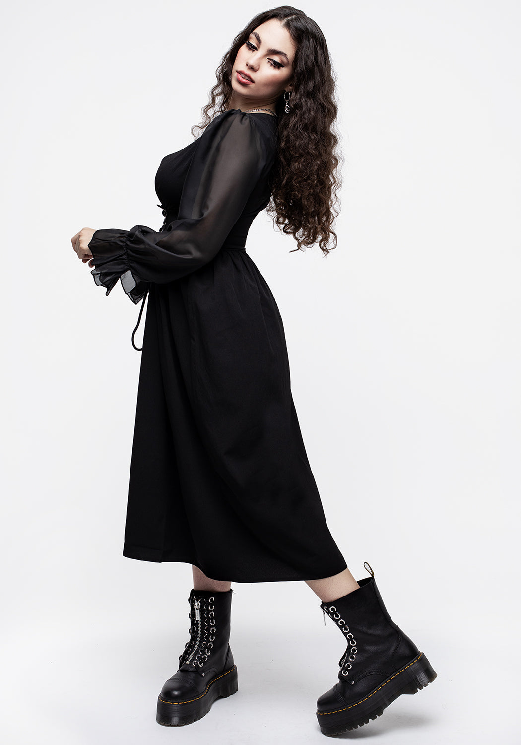 Lace-Up Sheer Sleeve Midi Dress with V-Neck & Belted Waist | Banished