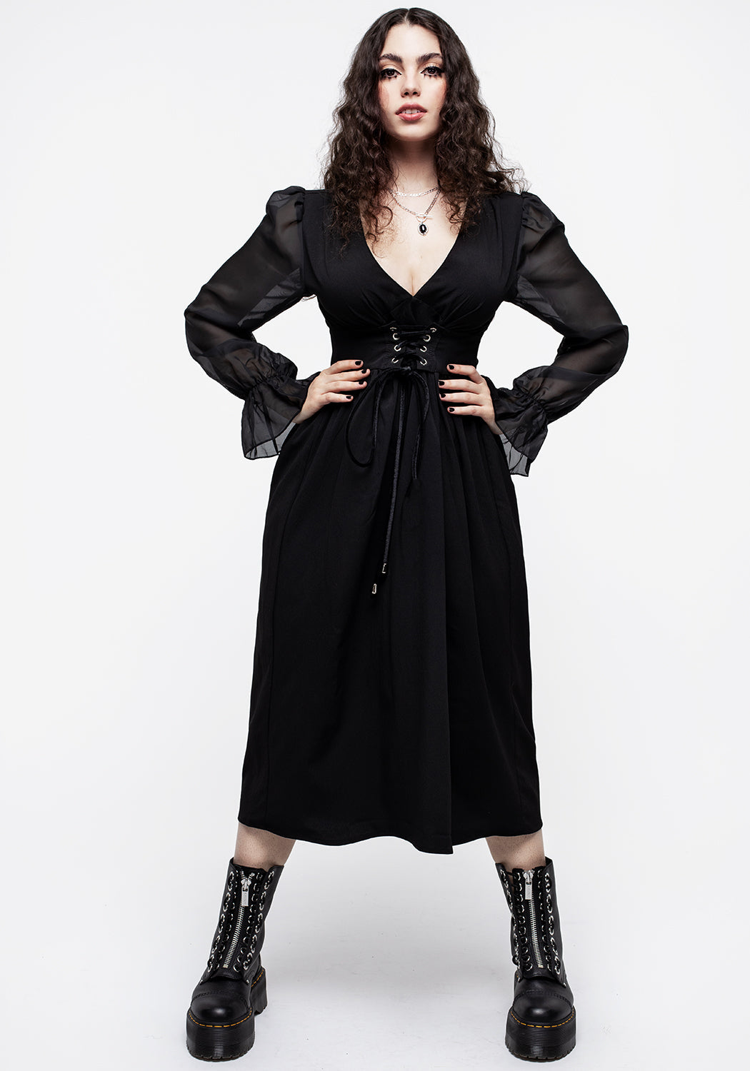 Lace-Up Sheer Sleeve Midi Dress with V-Neck & Belted Waist | Banished