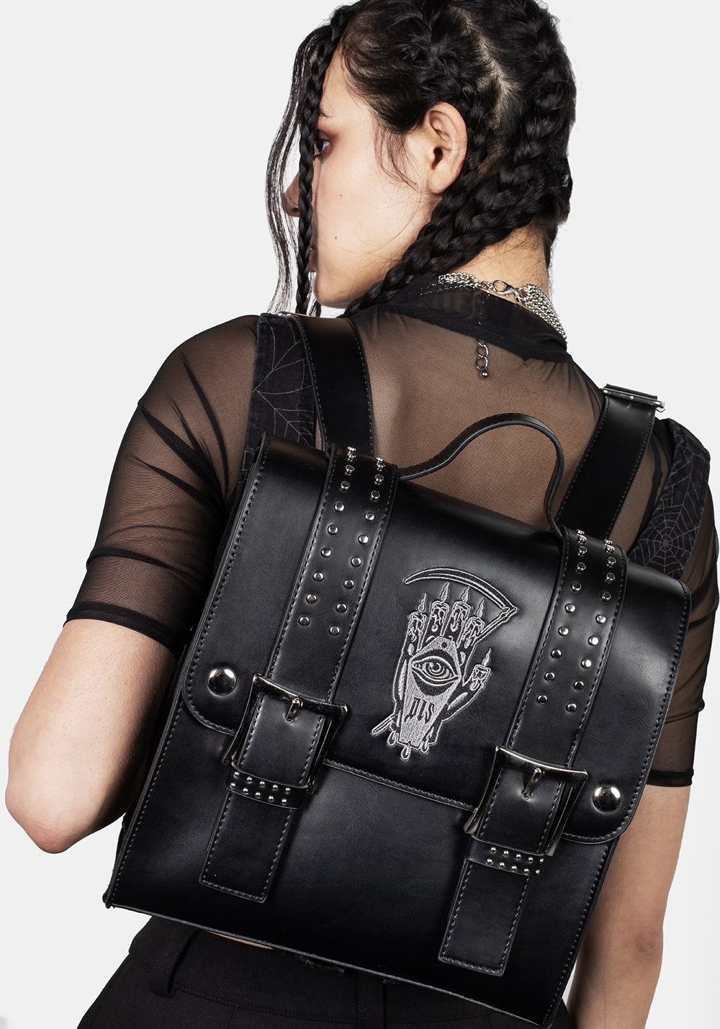 Black Mini Satchel Backpack with Adjustable Straps & Gothic Embroidery | Reaper