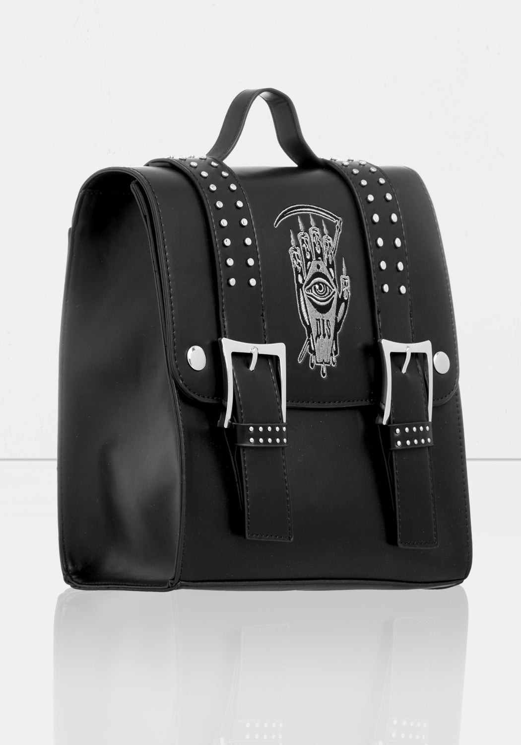 Black Mini Satchel Backpack with Adjustable Straps & Gothic Embroidery | Reaper