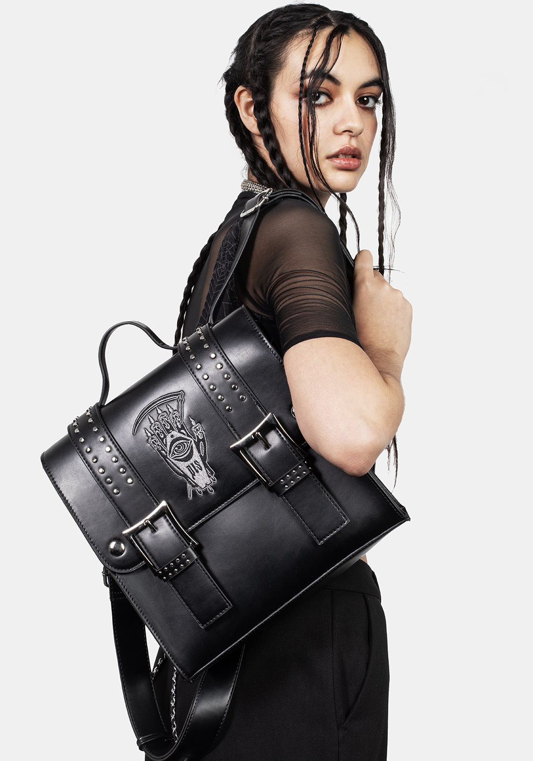 Black Mini Satchel Backpack with Adjustable Straps & Gothic Embroidery | Reaper